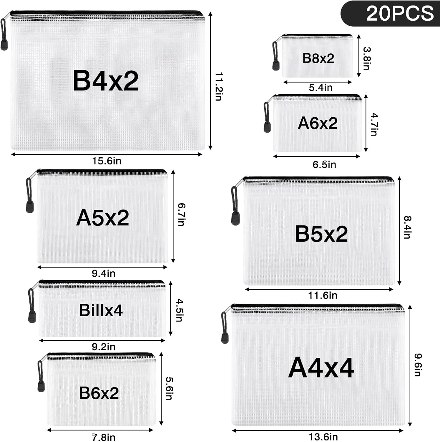 20pcs Mesh Zipper Pouch Bags 8 Size Water Resistant Zipper Bags Plastic Clear St