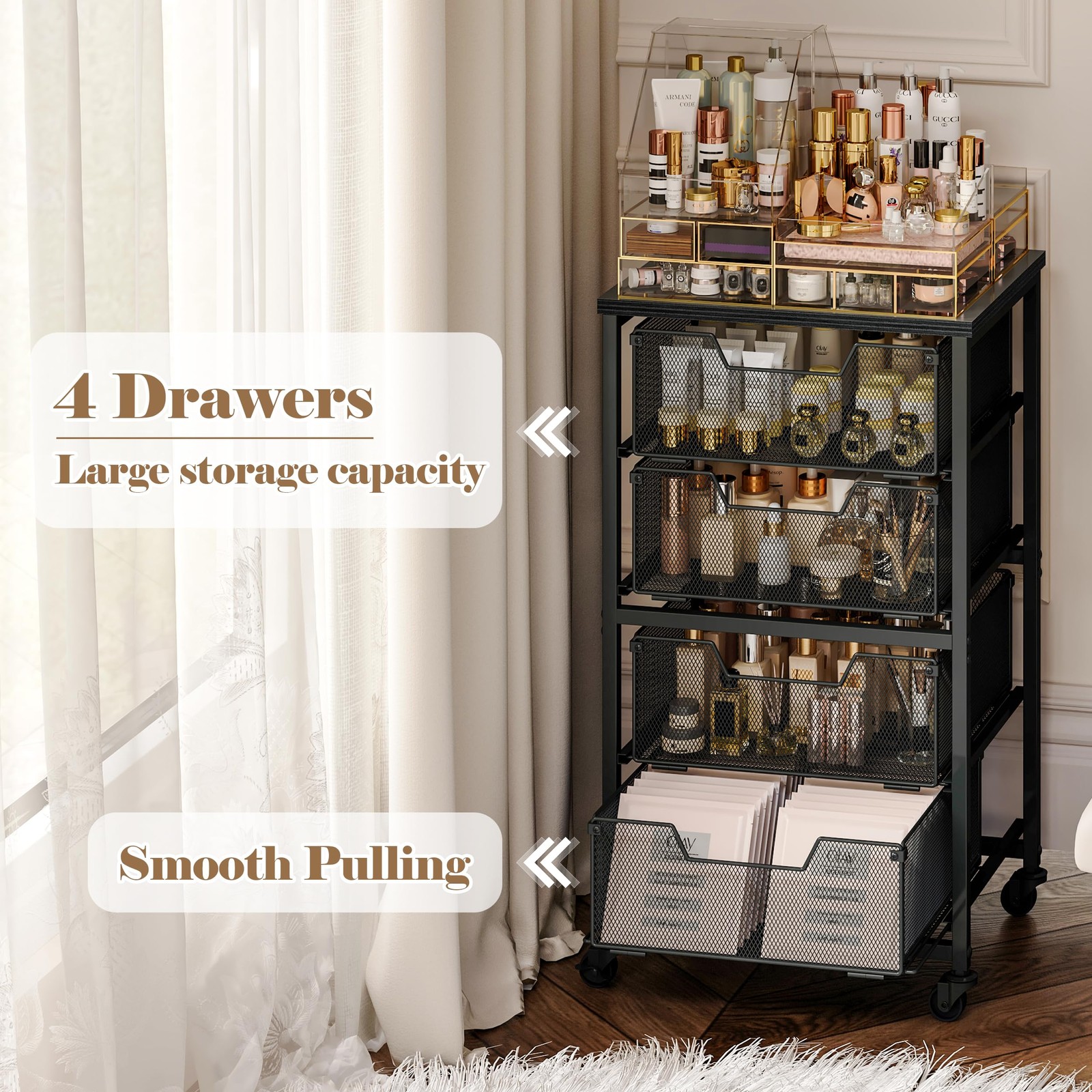 Rolling Cart with Drawers, 4-Drawer Storage on Wheels 4 Black