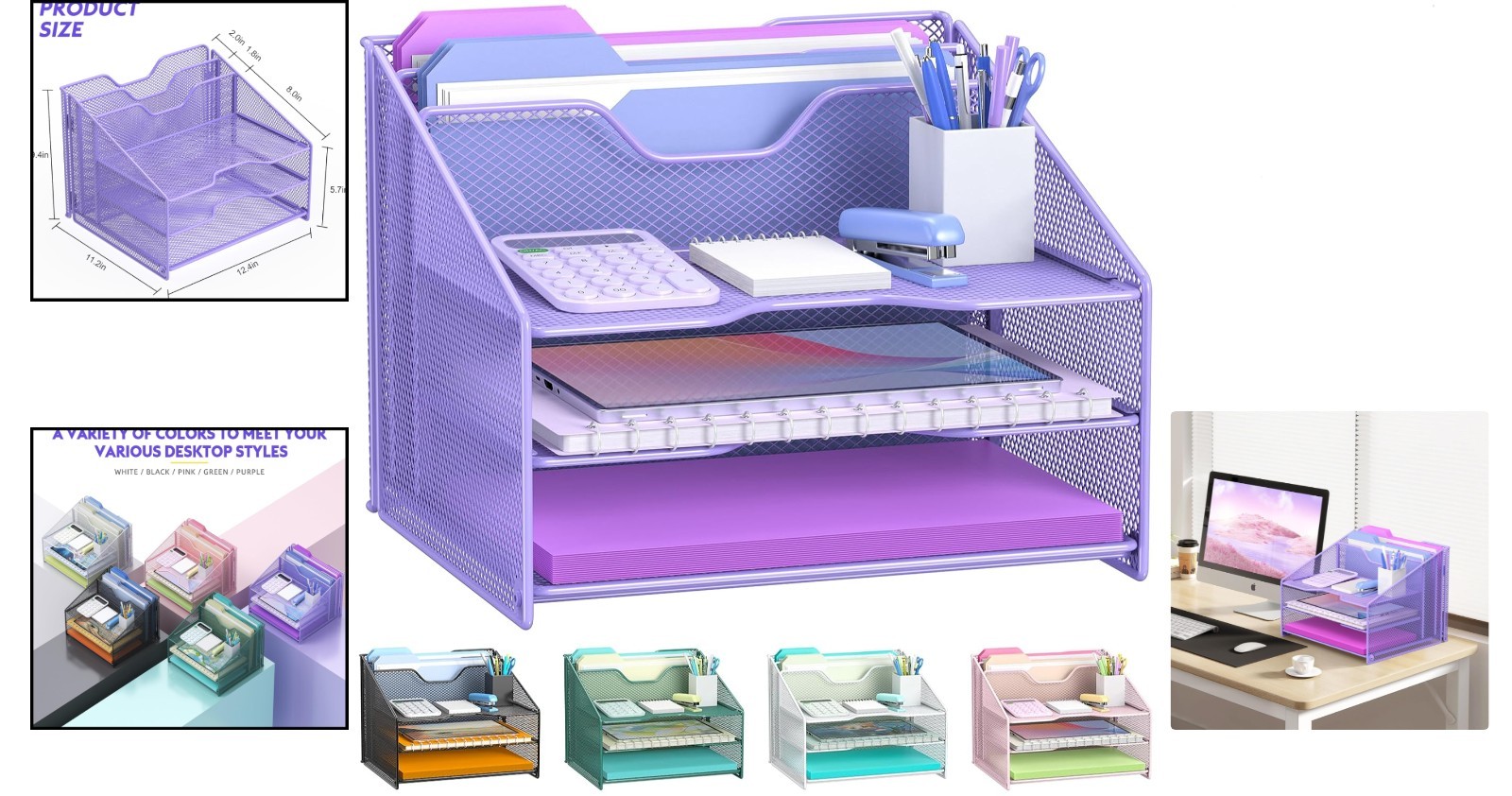 Compact Purple Desk File Organizer: 3-Tier and Vertical Holder for Office Use