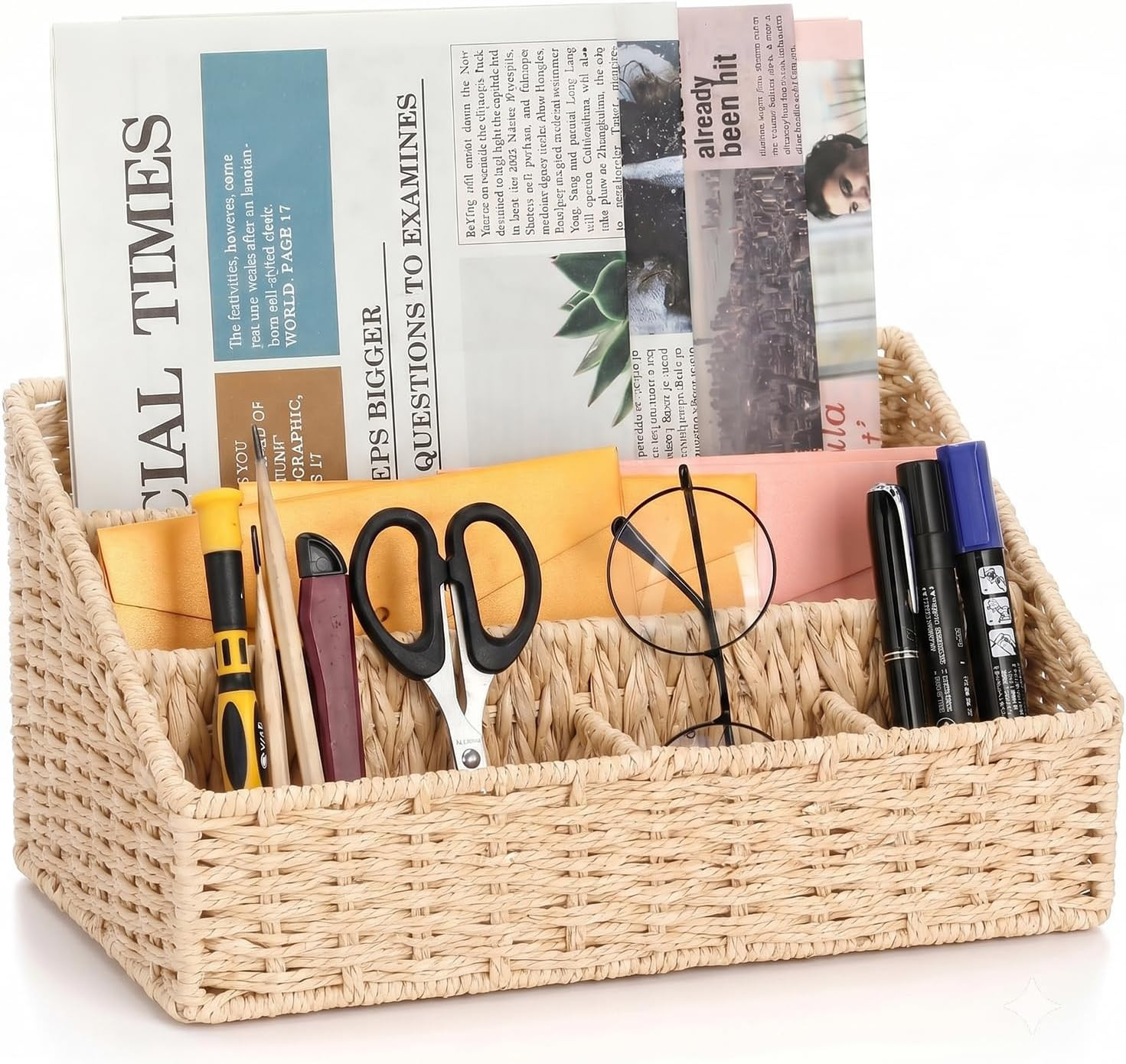 Rattan Mail Organizer – Countertop, Desk, Bills, Woven Basket, Magazine Holder