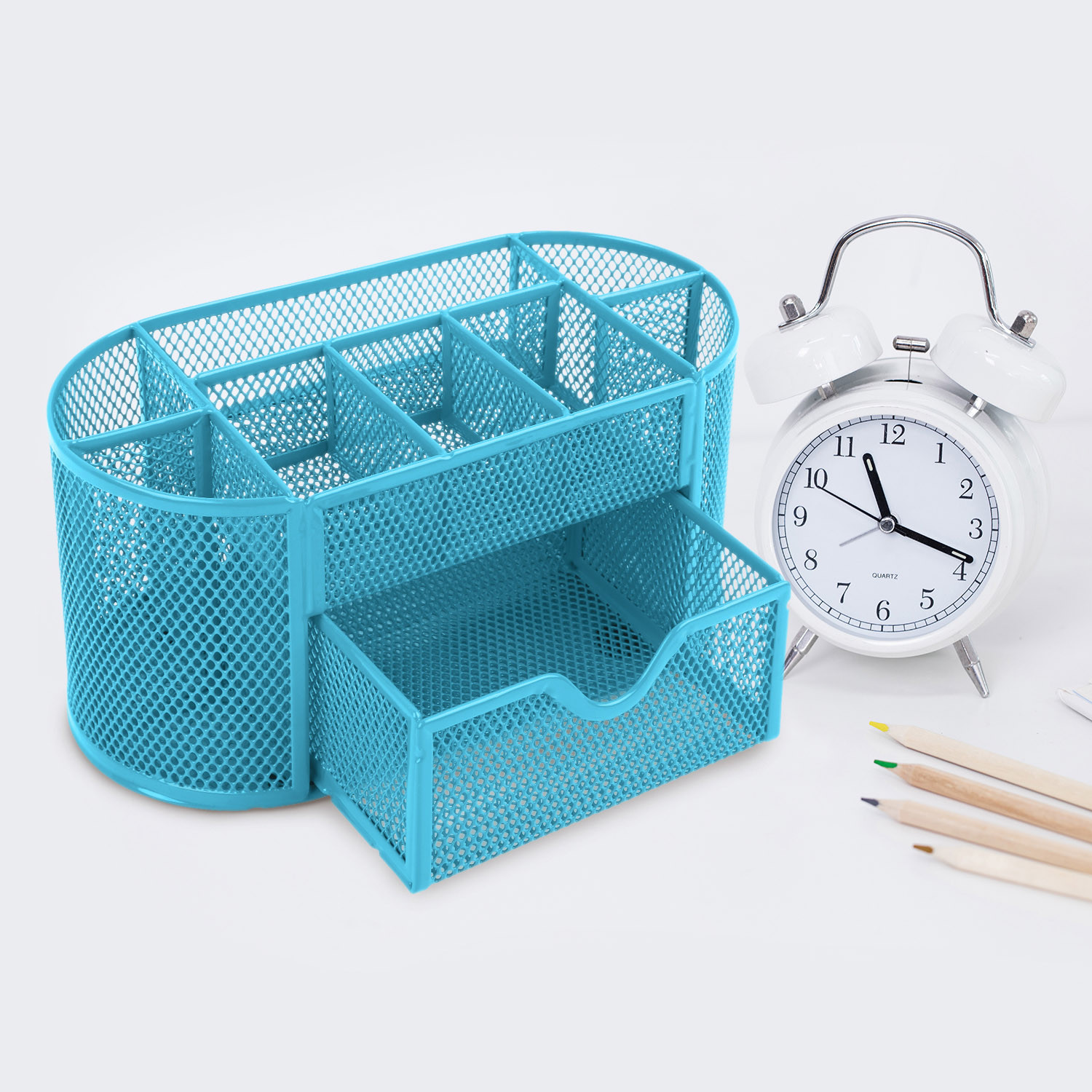 Desk Organizer Metal Mesh Office Pen Pencil Holder Storage Desktop Tray Blue