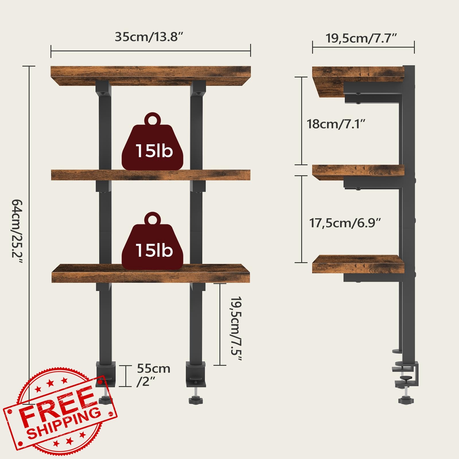 MAHANCRIS Clamp Desk Organizer Rustic Brown 3-Tier