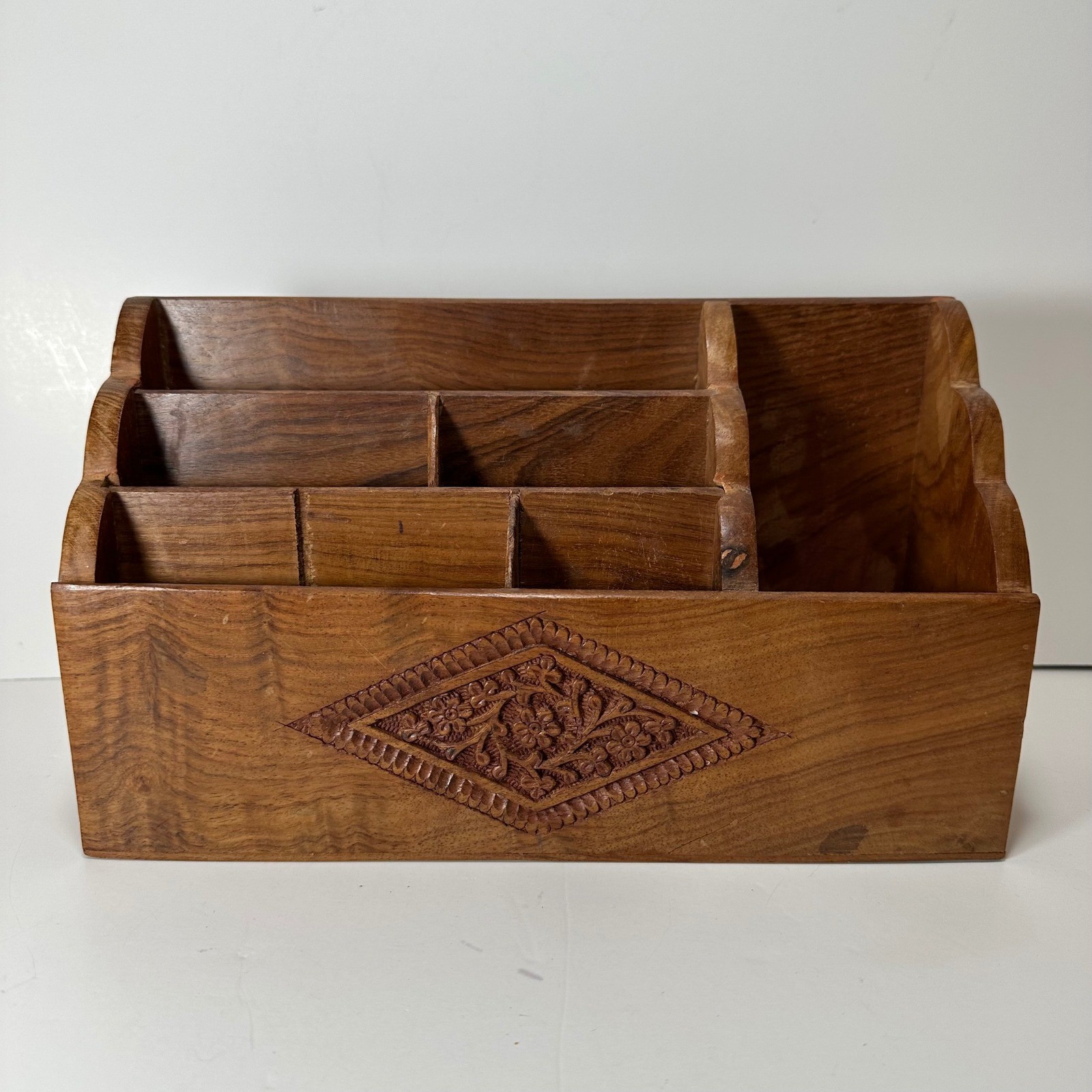 Vintage Hand Carved Wooden Desk Organizer Floral Boho Tiered Mail Stationery