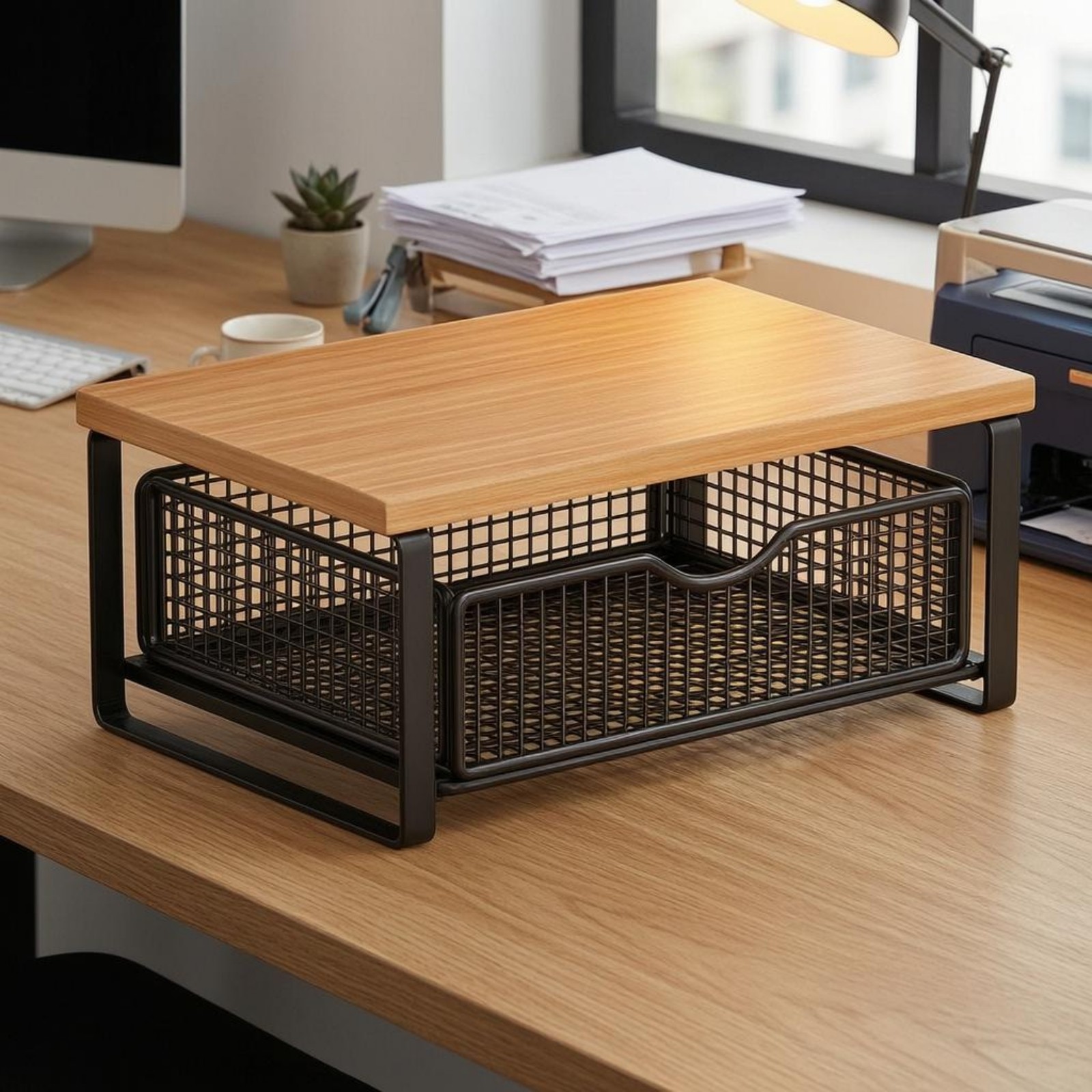 Desktop Storage Rack Wood-Look 2 Tier Desk Shelf Compact