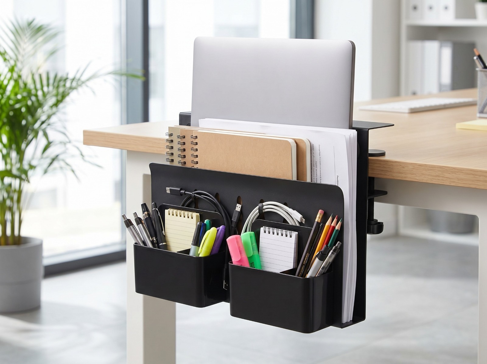 Clamp On Desk Organizer Laptop Tablet File Holder Pen Cups No Drill White