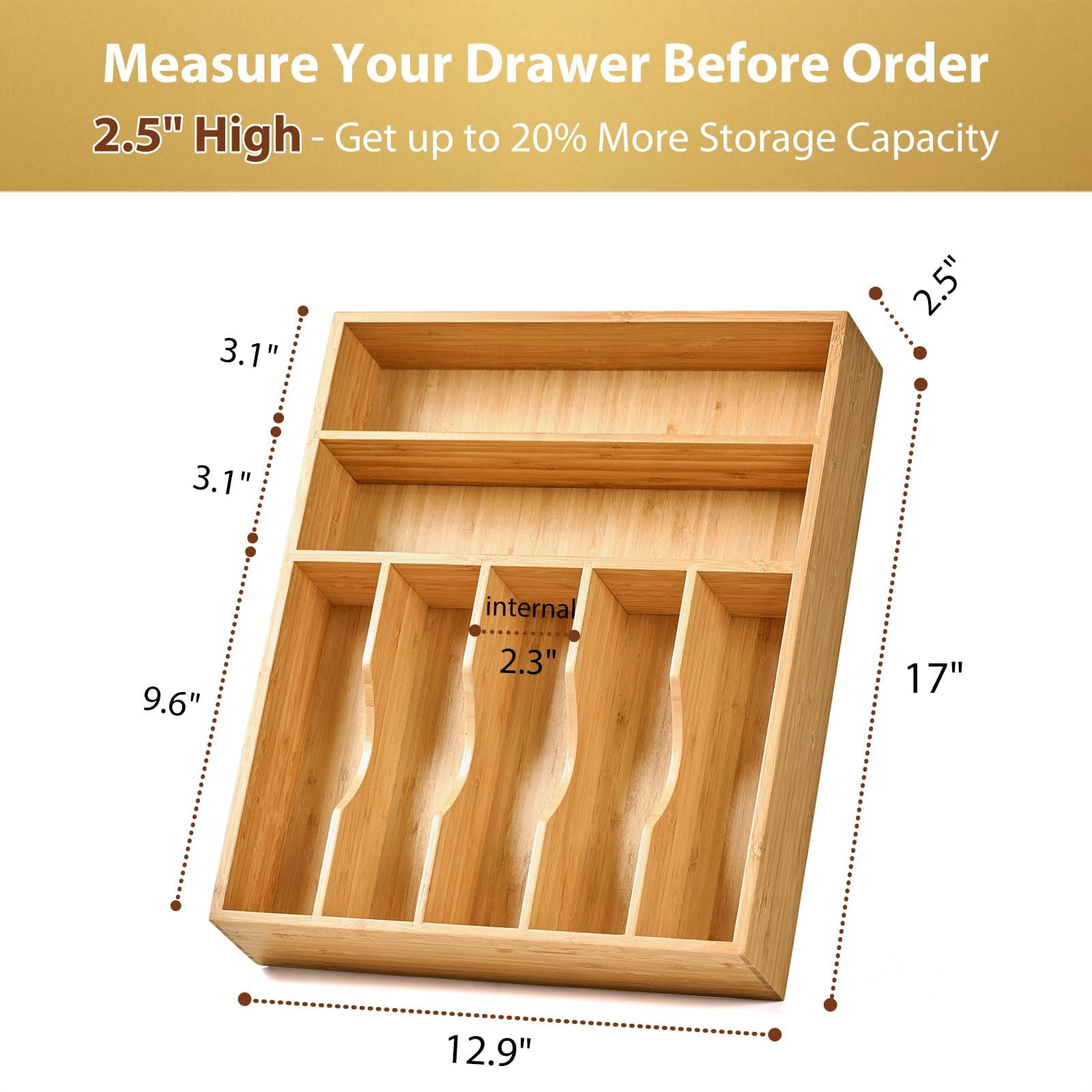 Bamboo Kitchen Drawer Organizer, 13 Inch Silverware Utensil Tray Holder, Extra