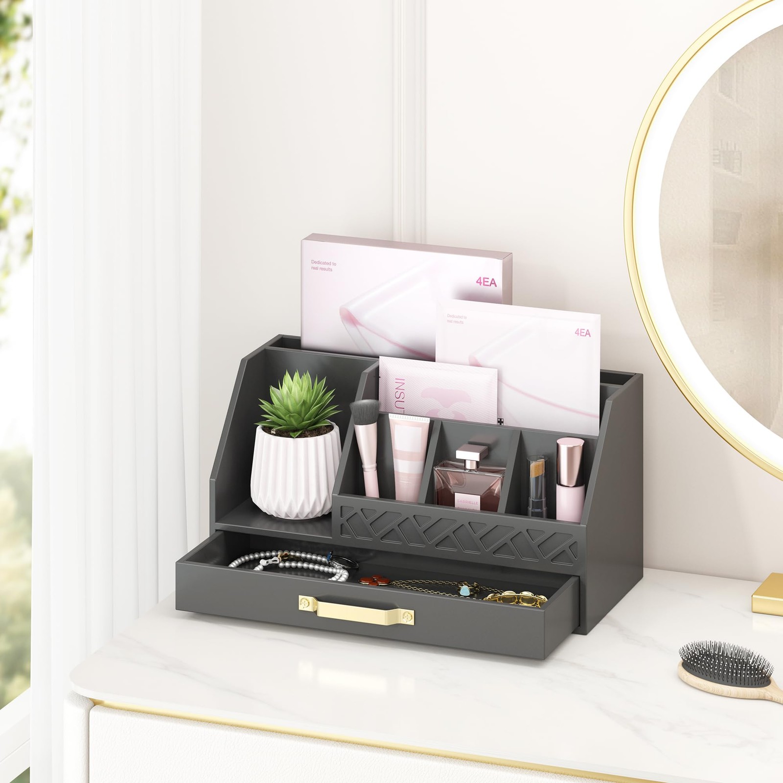 Wisuce Bamboo Mail Organizer Countertop with Drawers, Wooden Desk Black