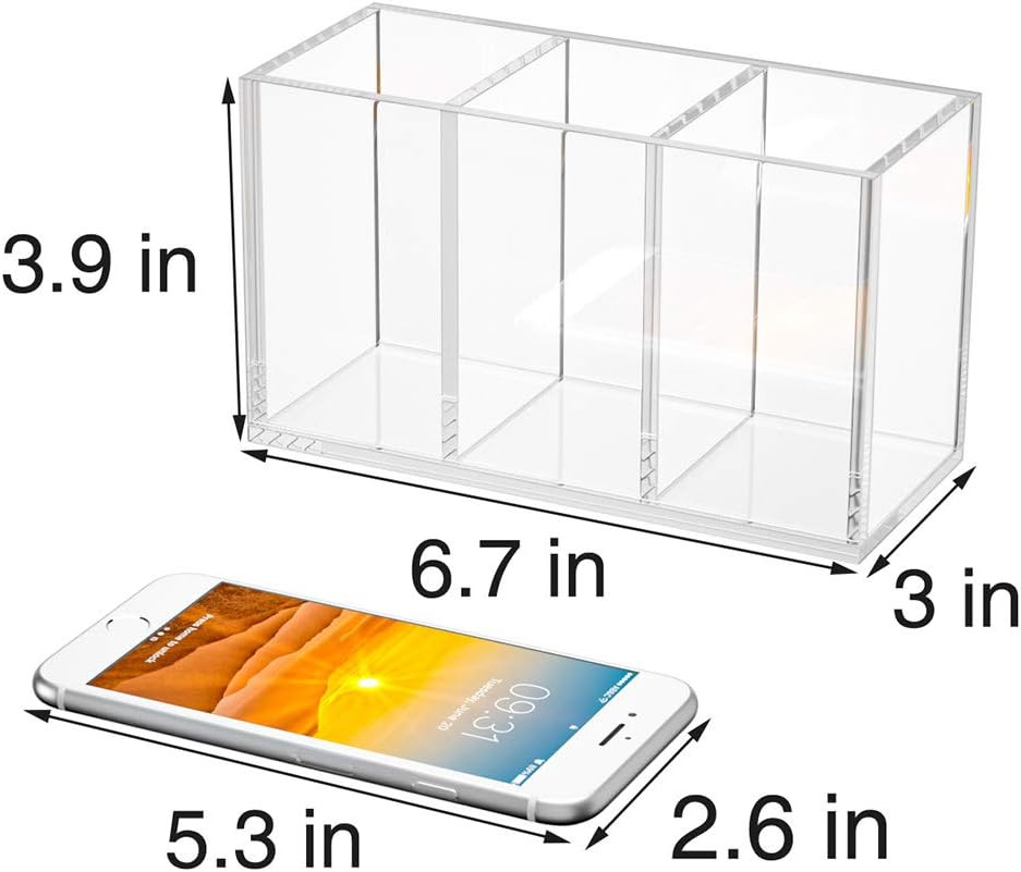 Acrylic Pen Holder 3 Compartments, Clear Pencil Organizer Cup for Countertop Des