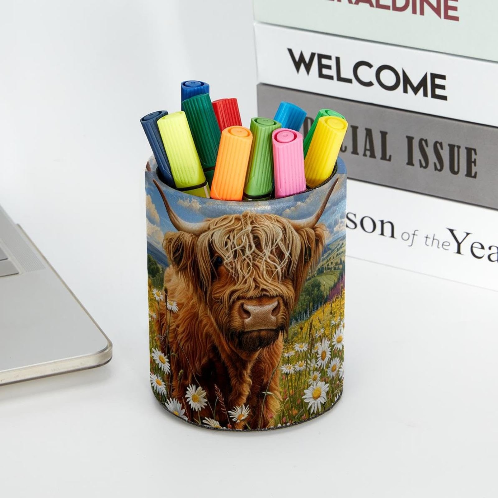 Large Capacity Colored Pen Holder for Desk,Highland Cow Daisies Leathe Pencil…