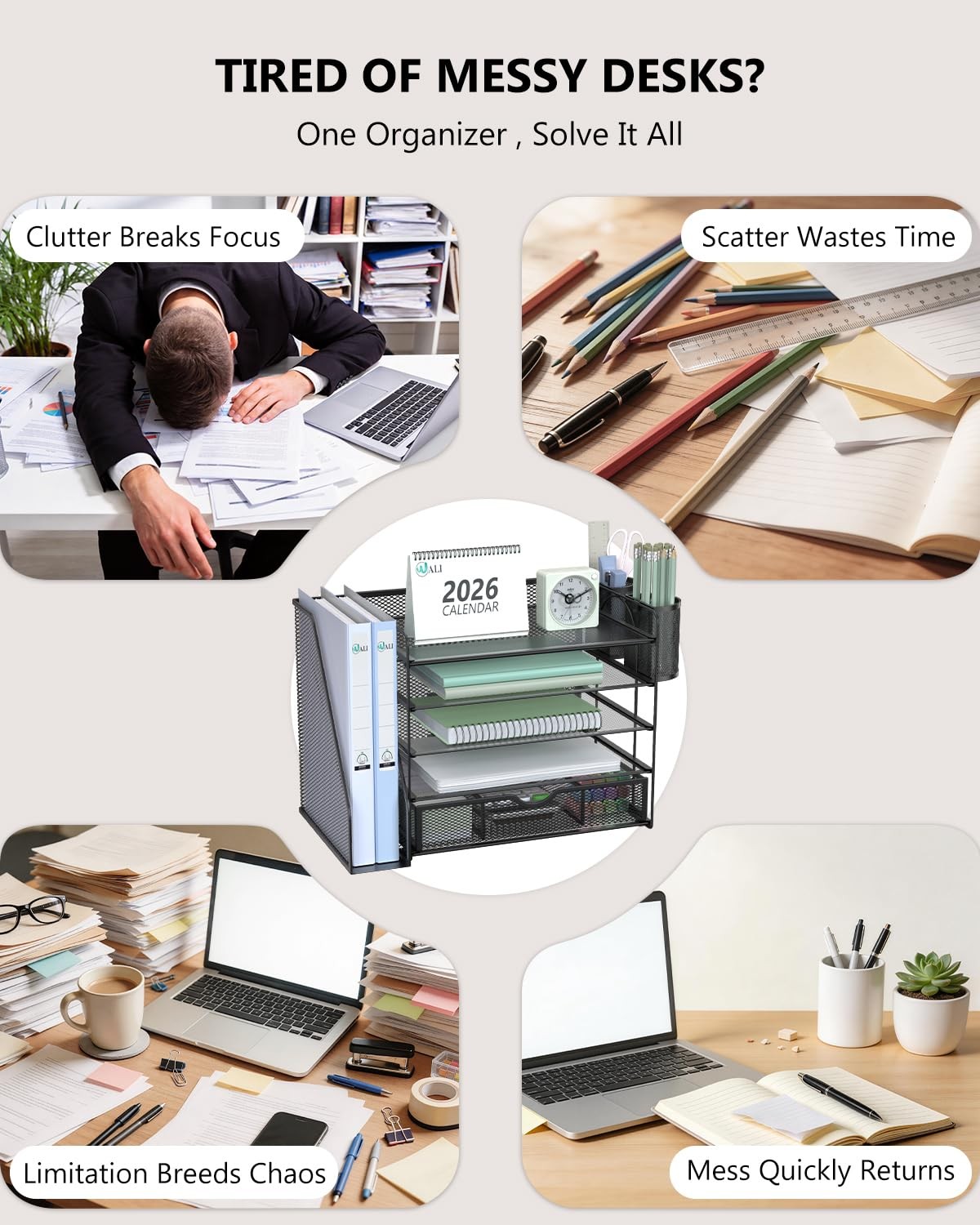 WALI Desk File Organizer, 5 Tier Desktop Paper Letter Tray Organizer with Dra…