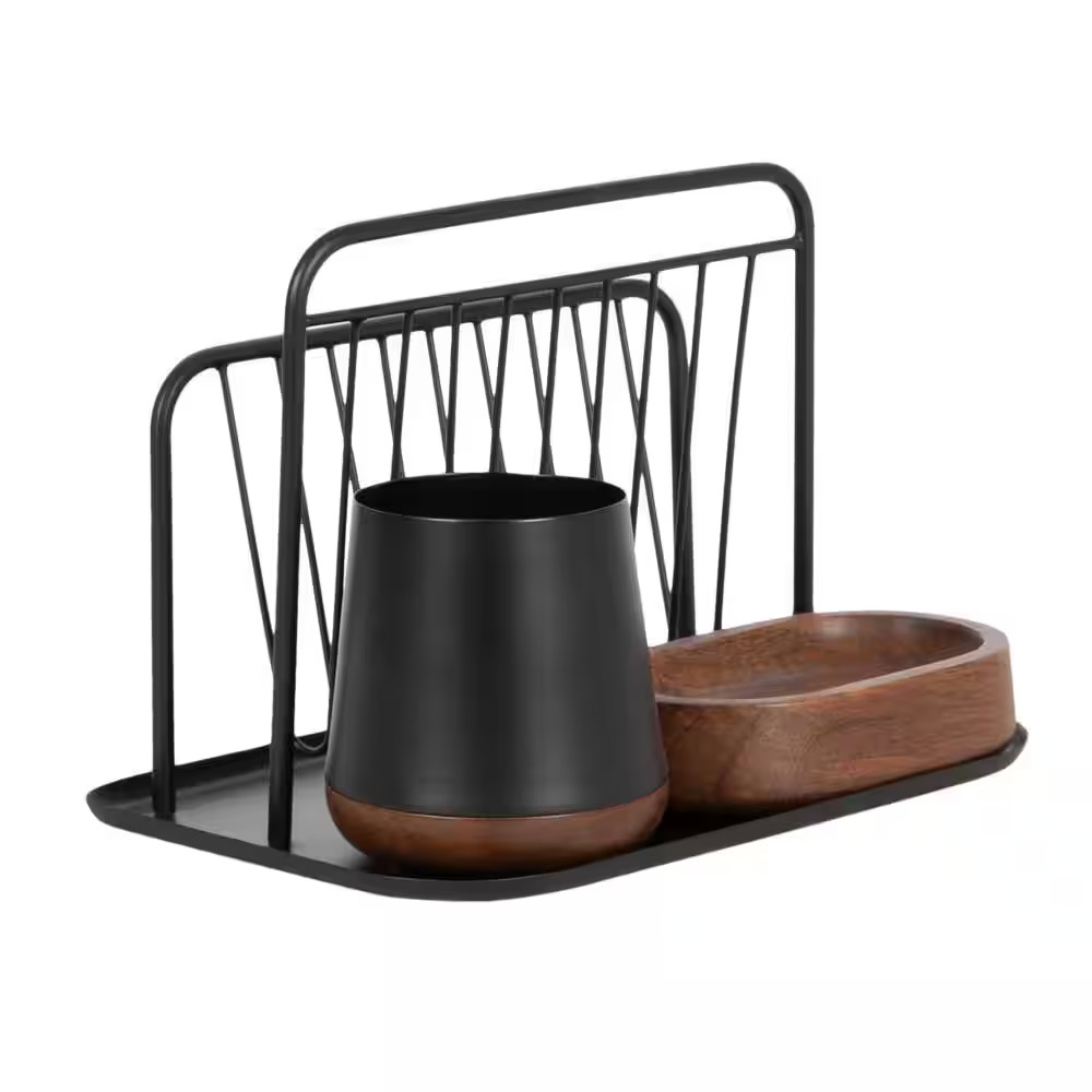 Koni Black/Walnut Brown 12 In. W X 5 In. H Rectangle Metal Desk Organizer