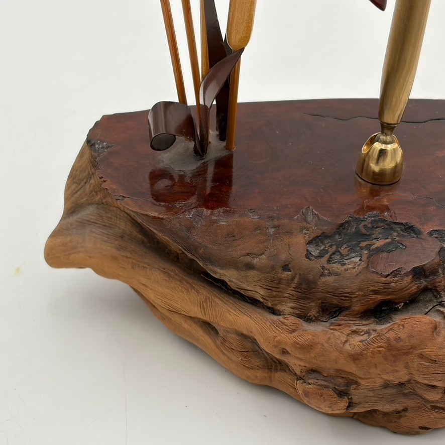 VTG Burl Wood Cattail Bird Desk Organizer Box Brass Pen Holder Mid Century MCM