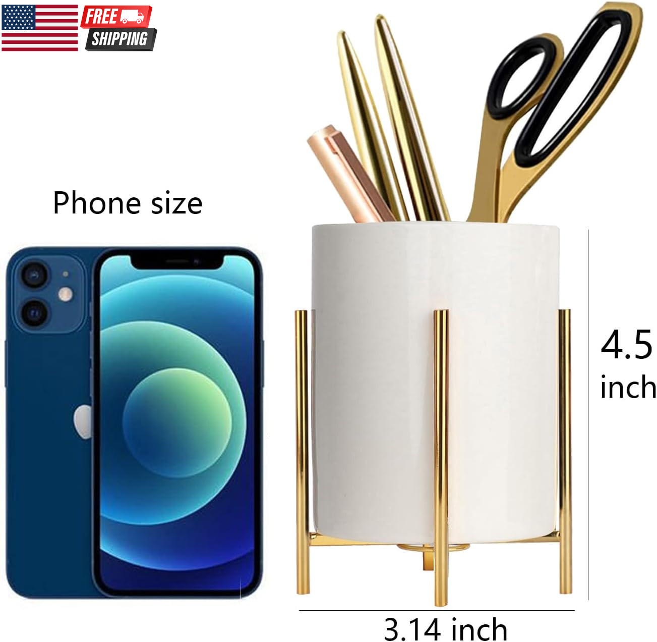 Gold Pencil Cup Sturdy Metal Frame with White Ceramic Pen Holder for Desks and K