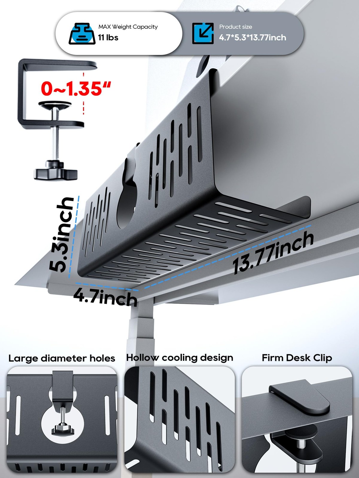 NODOCA No Drill Under Desk Cable Management Tray, 【Clip-on】14”×1pc, Black
