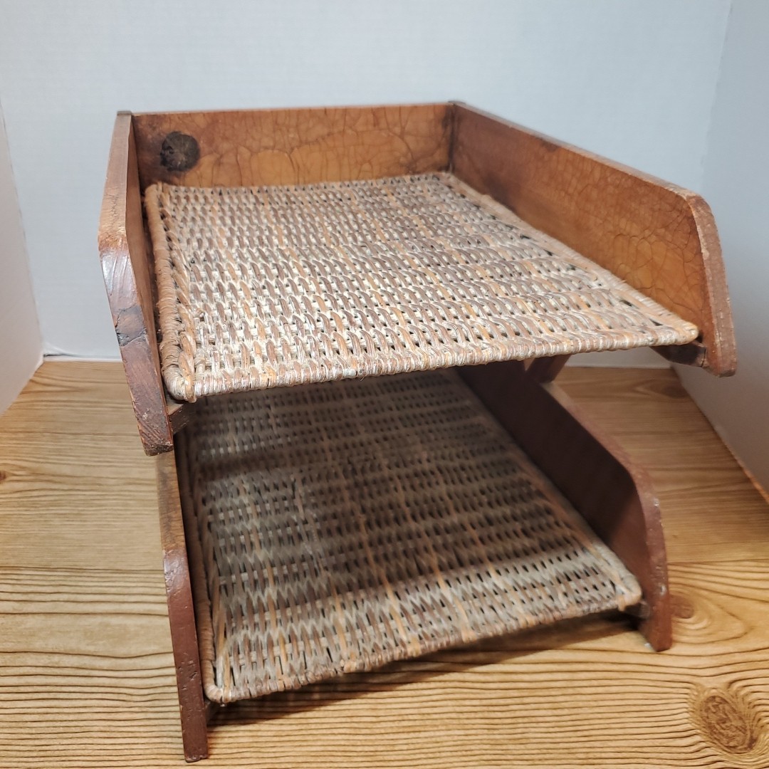 VTG 2 Tier Wood Rattan Wicker Paper Holder Letter Tray Office Desk Organizer