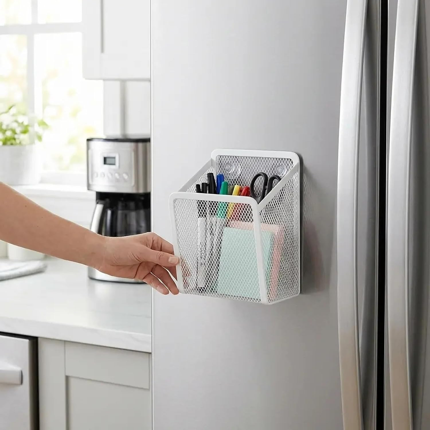 Wall Mounted Pen Holder Organizer – Mesh Storage Basket for Fridge, Office, Kitc
