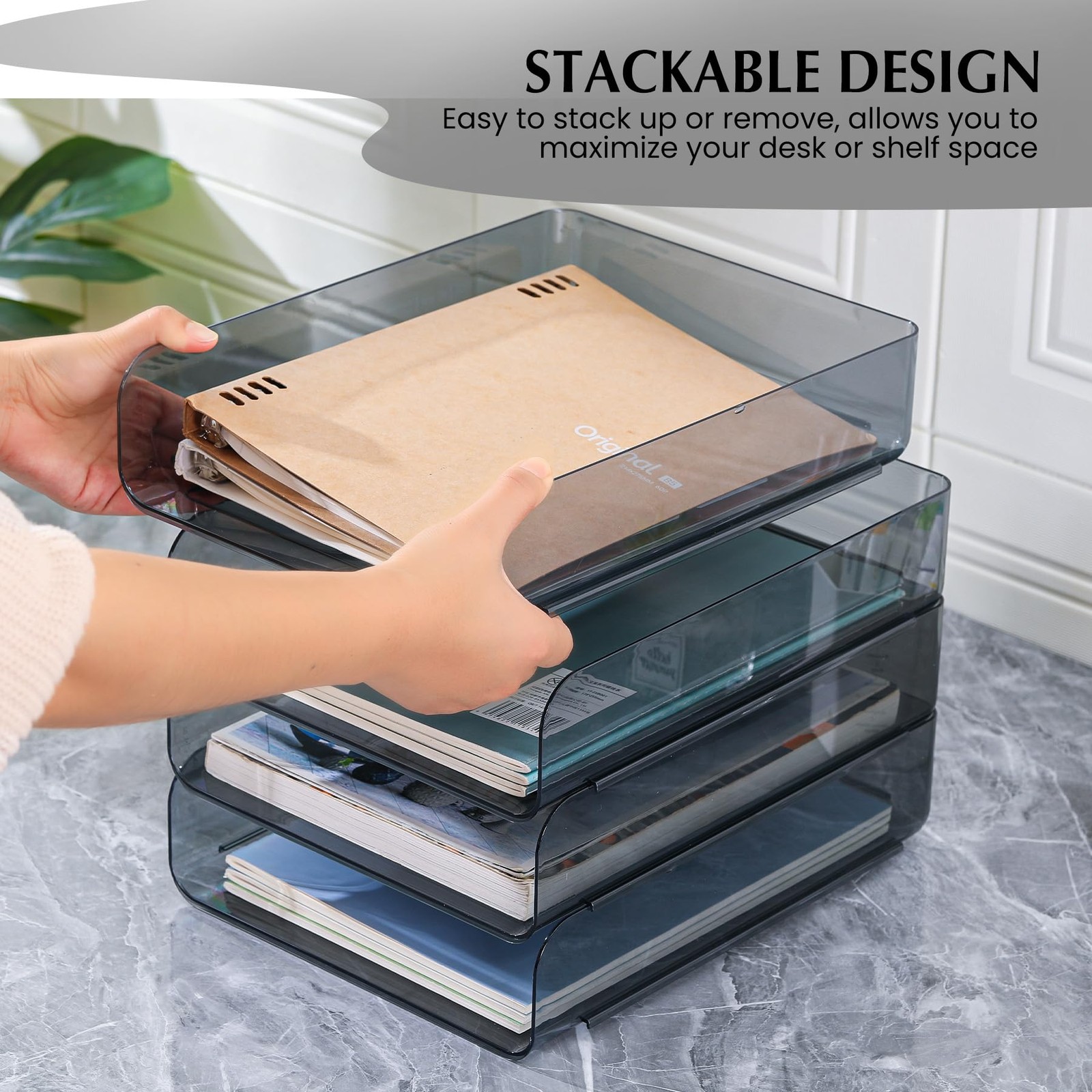 2 PCS Stackable Paper Tray Organizer Clear File Desk Storage Accessories Black