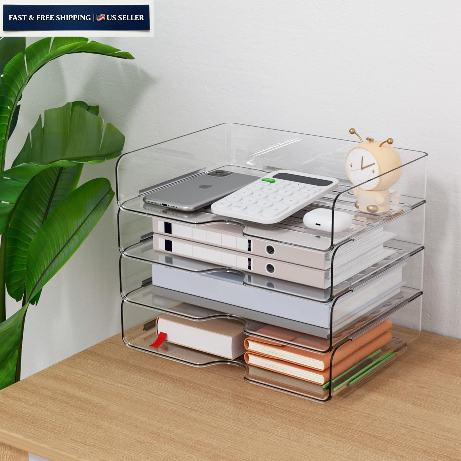 Paper Organizer Letter Tray, 4 Pack Acrylic Stackable 4-tier Widened, White