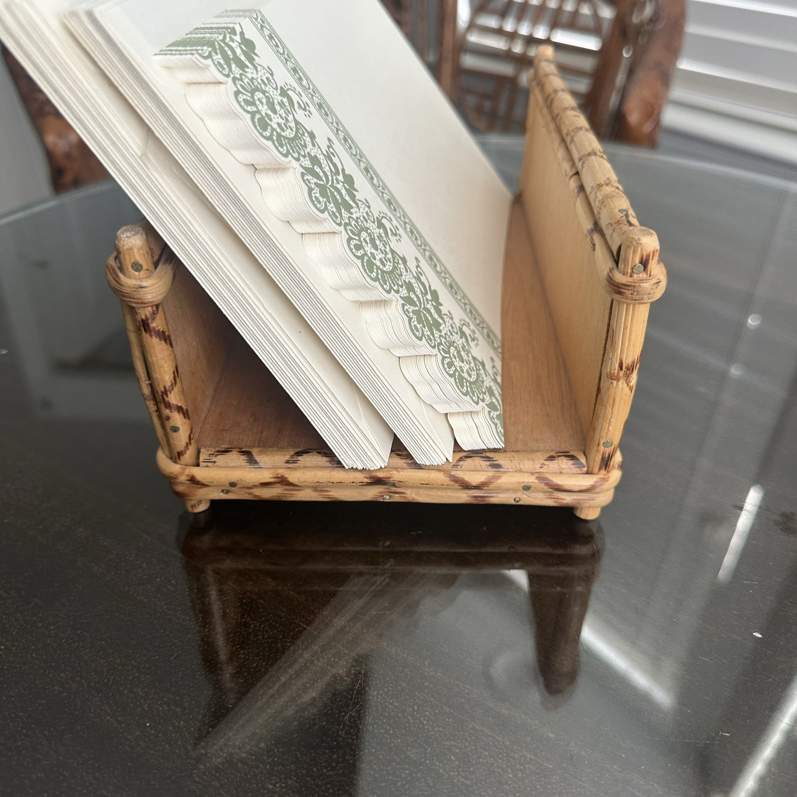 Vintage Burnt Bamboo Rattan Desk Organizer Napkin Caddy Letter Holder Hong Kong