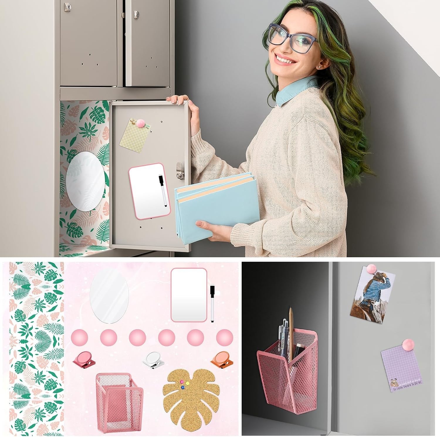 School Locker Organizer Set with Palm Leaf Wallpaper and Magnetic Accessories