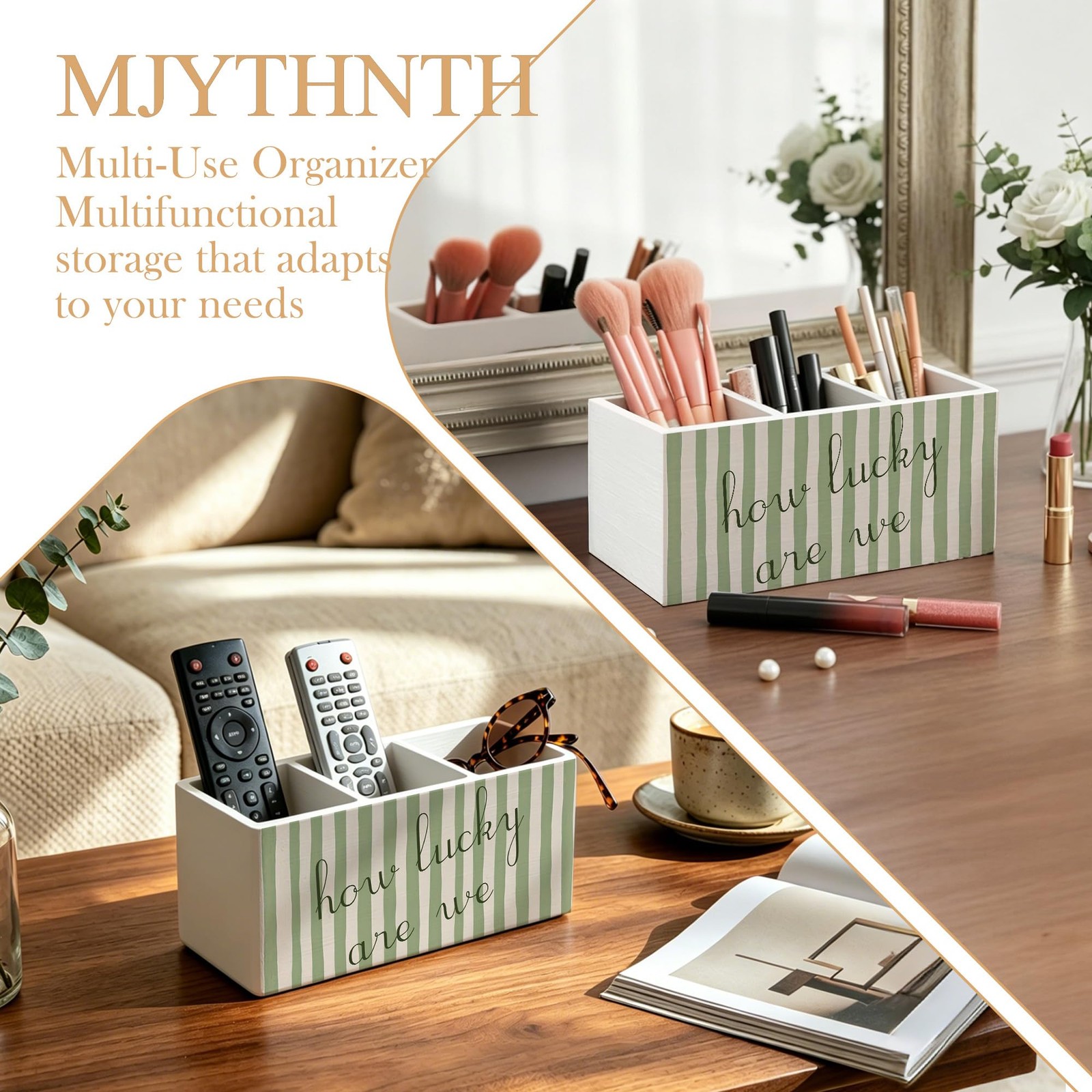 How Lucky Are We Inspirational Pencil Pen Holder for Desk, Sage Green Striped…