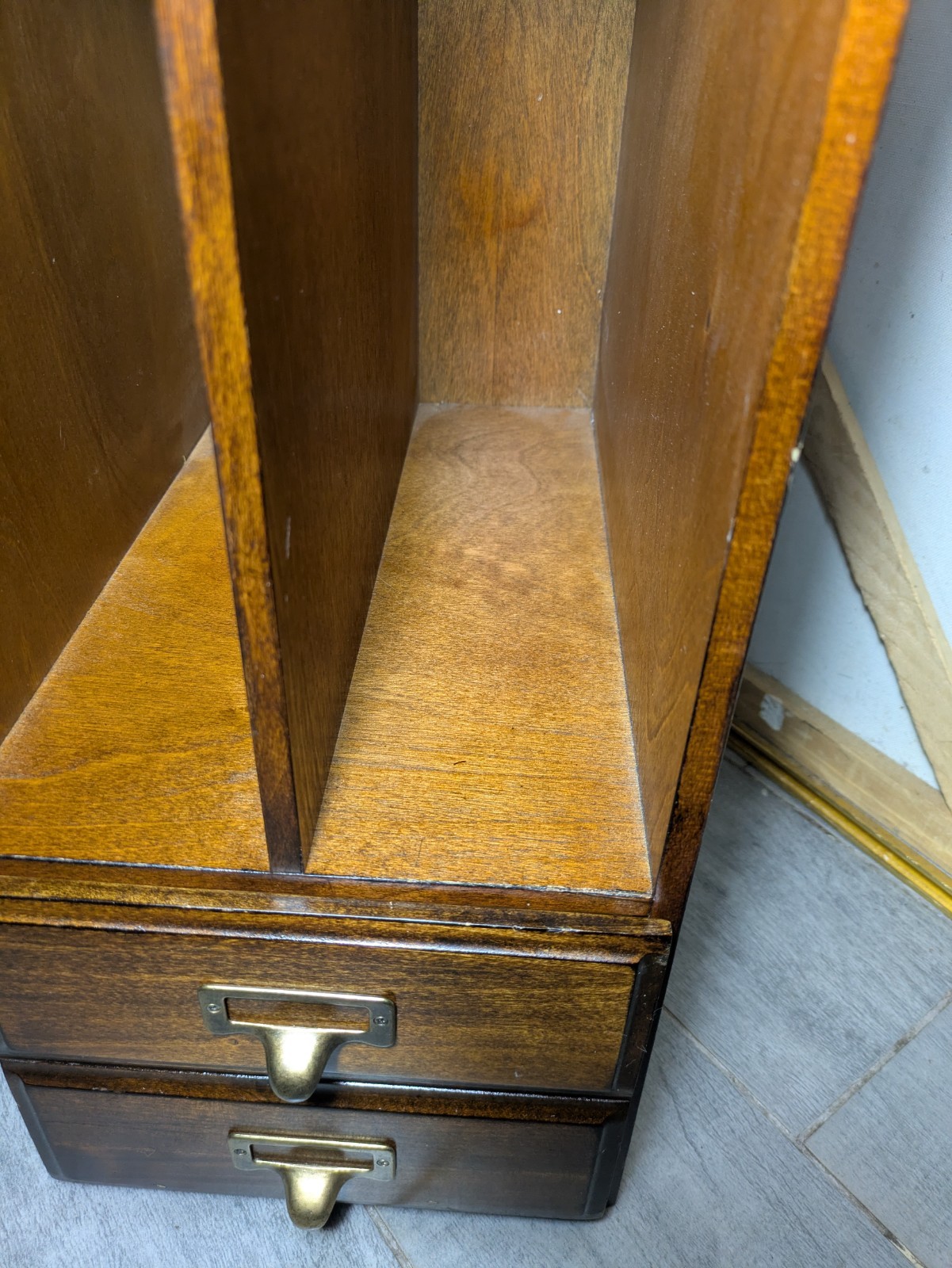 Vintage Wood Desktop Library Organizer Index Card Letter File Box Cabinet Drawer