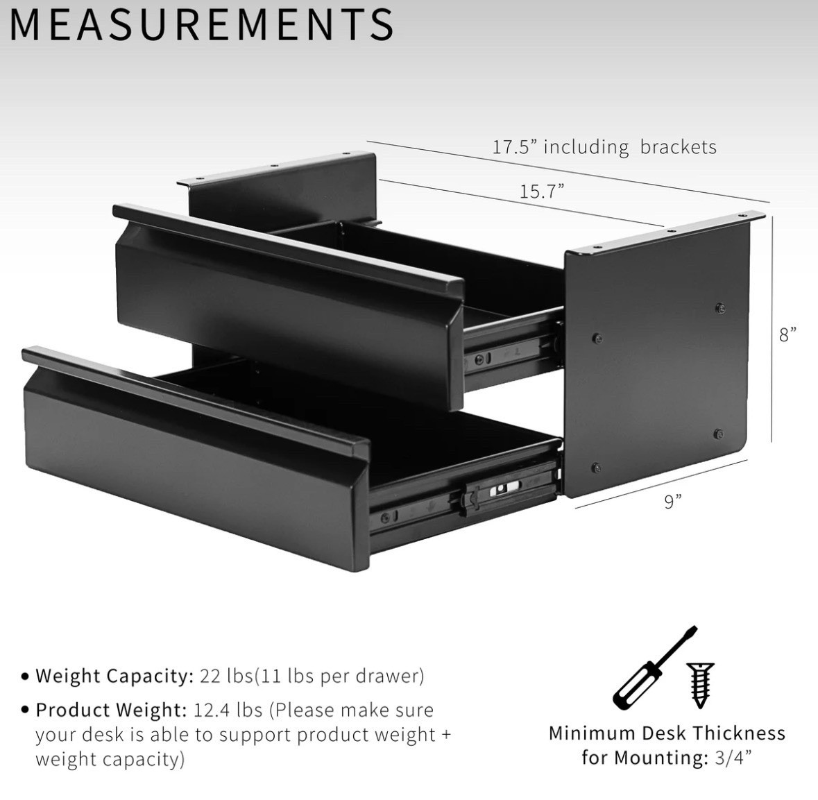 VIVO Black Metal Under Desk Drawer Desktop Organizer DESK-DR02 17.5″ x 9″ x 8″
