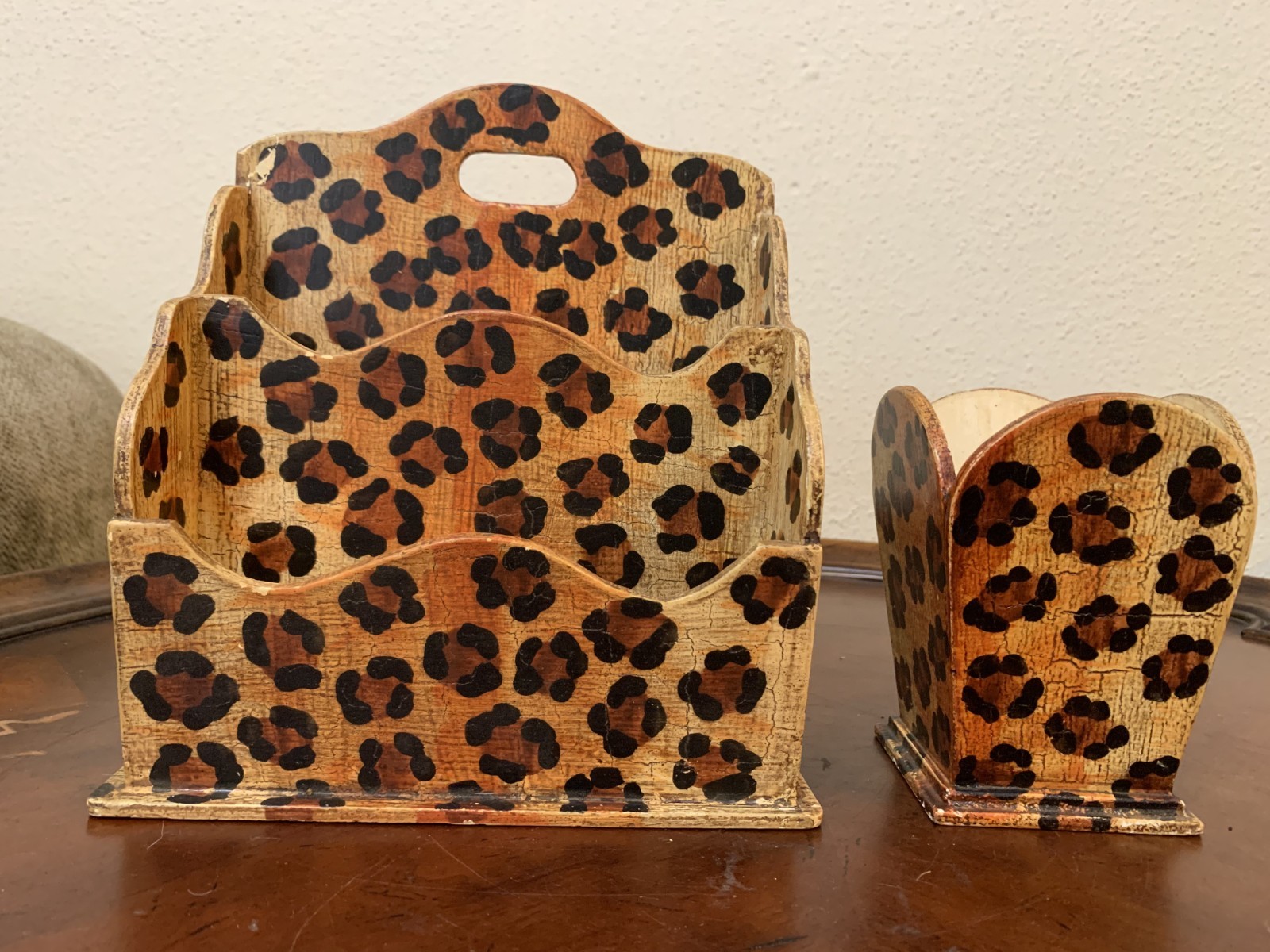 Robert M Weiss Wood Leopard Print Desk Organizer & Pen Holder Handmade in Peru