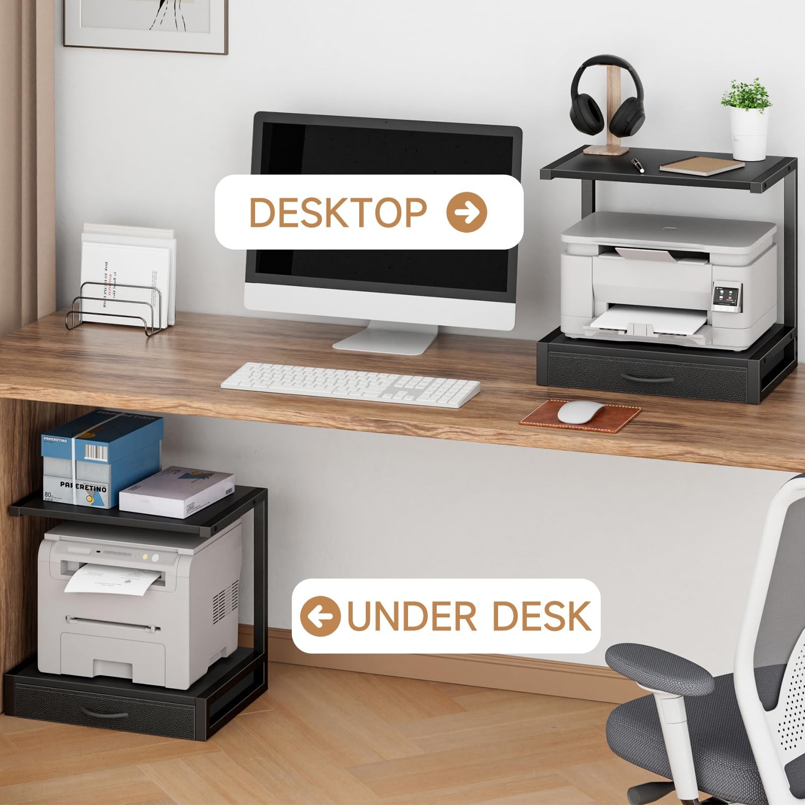 YAOHUOO 2-Tier Desktop Printer Stand with Fabric Drawer, Middle, Black