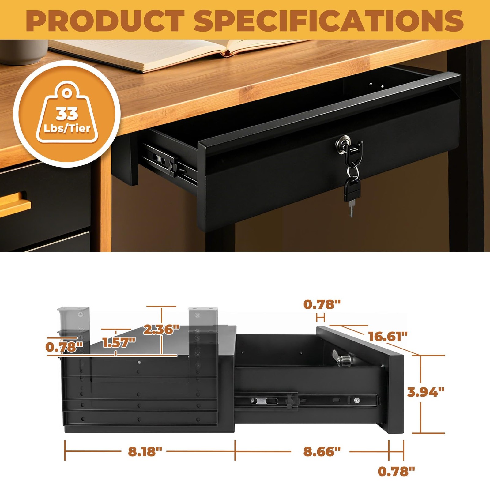 16in Under Desk Drawer with Lock Pull Out Storage Organizer