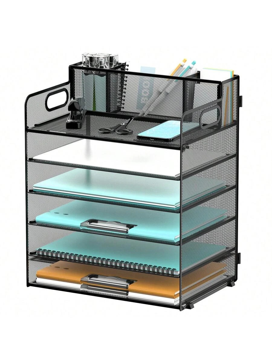 6 Tier Desk Organizer Mesh Paper File Handle 3 Pen Holders Letter Tray Office