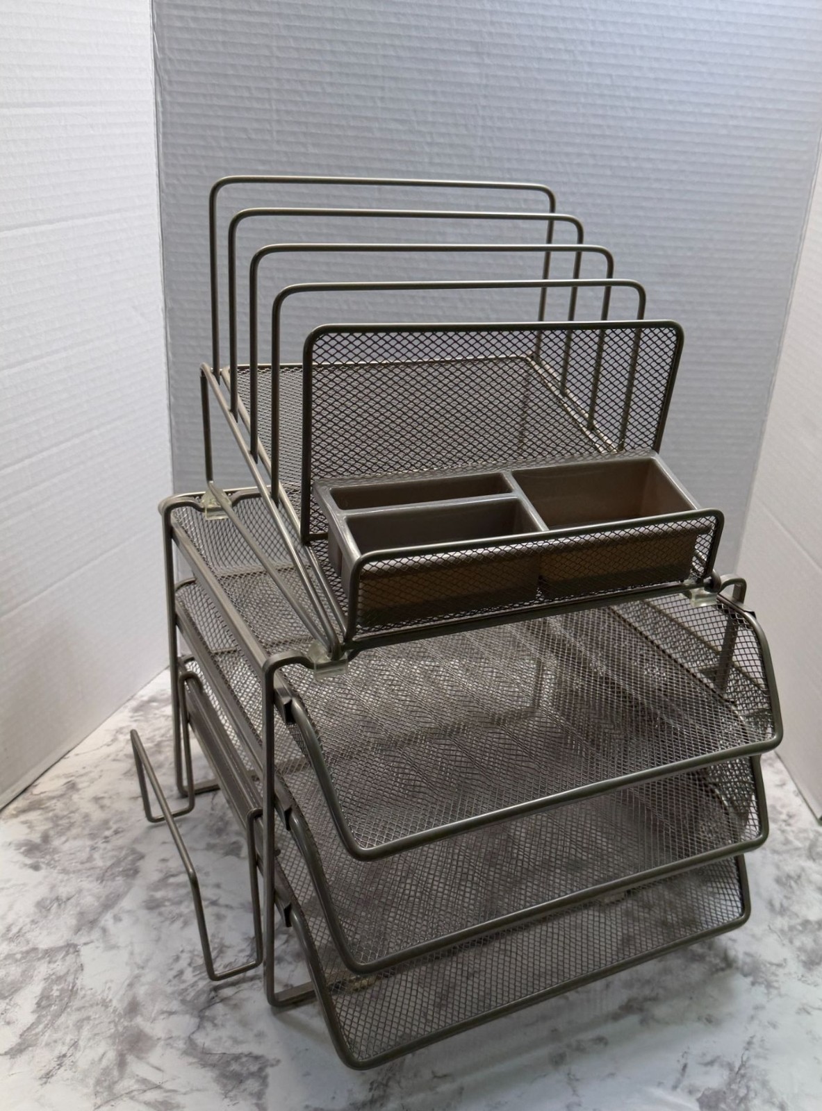 Mesh Metal Office Desk Organizer Steel Grey Finish Sliding Baskets Paper Holders