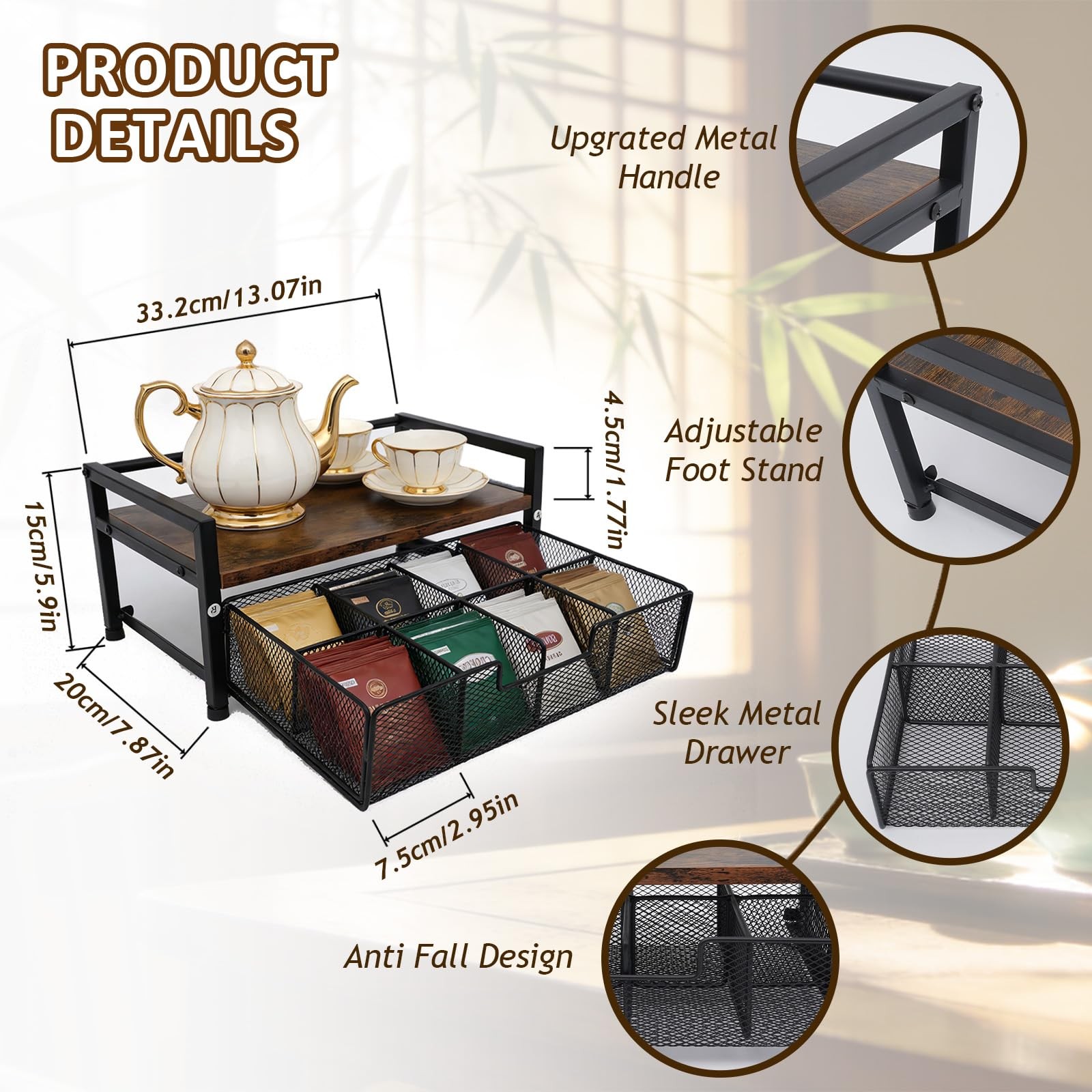Tea Bag Organizer, Organizers and Storage with Drawer, Medium, Brown