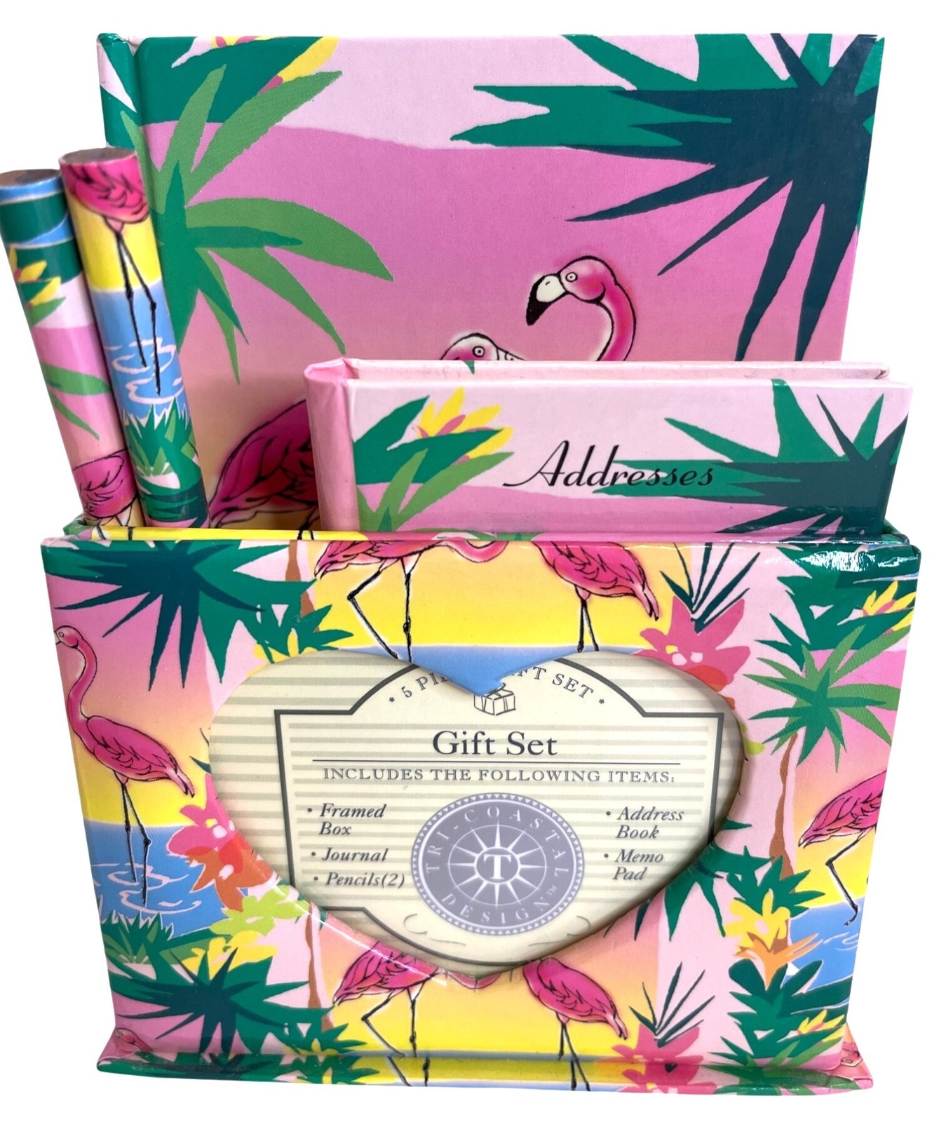 Vintage Flamingo Stationery Desk Gift 7 Pc Set Office Storage Box Journal Pencil