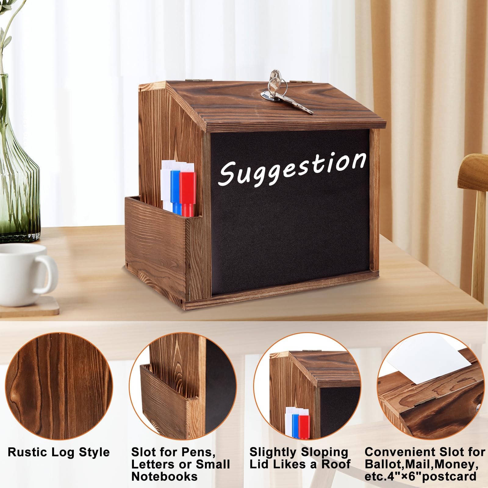 Wood Suggestion Box with Slot and Lock,Wooden Tip Money Drop Medium, wood