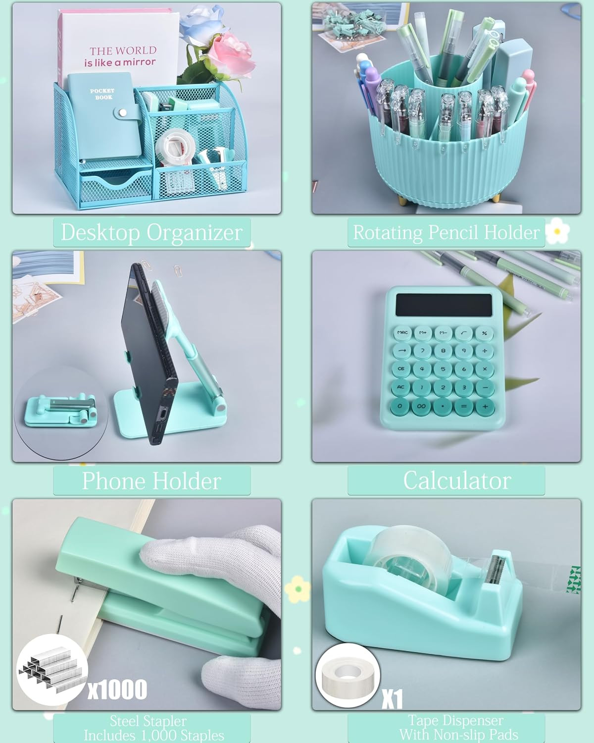 21Pcs Green and Blue Desk Organizers and Accessories with Mesh Desk Organizer an