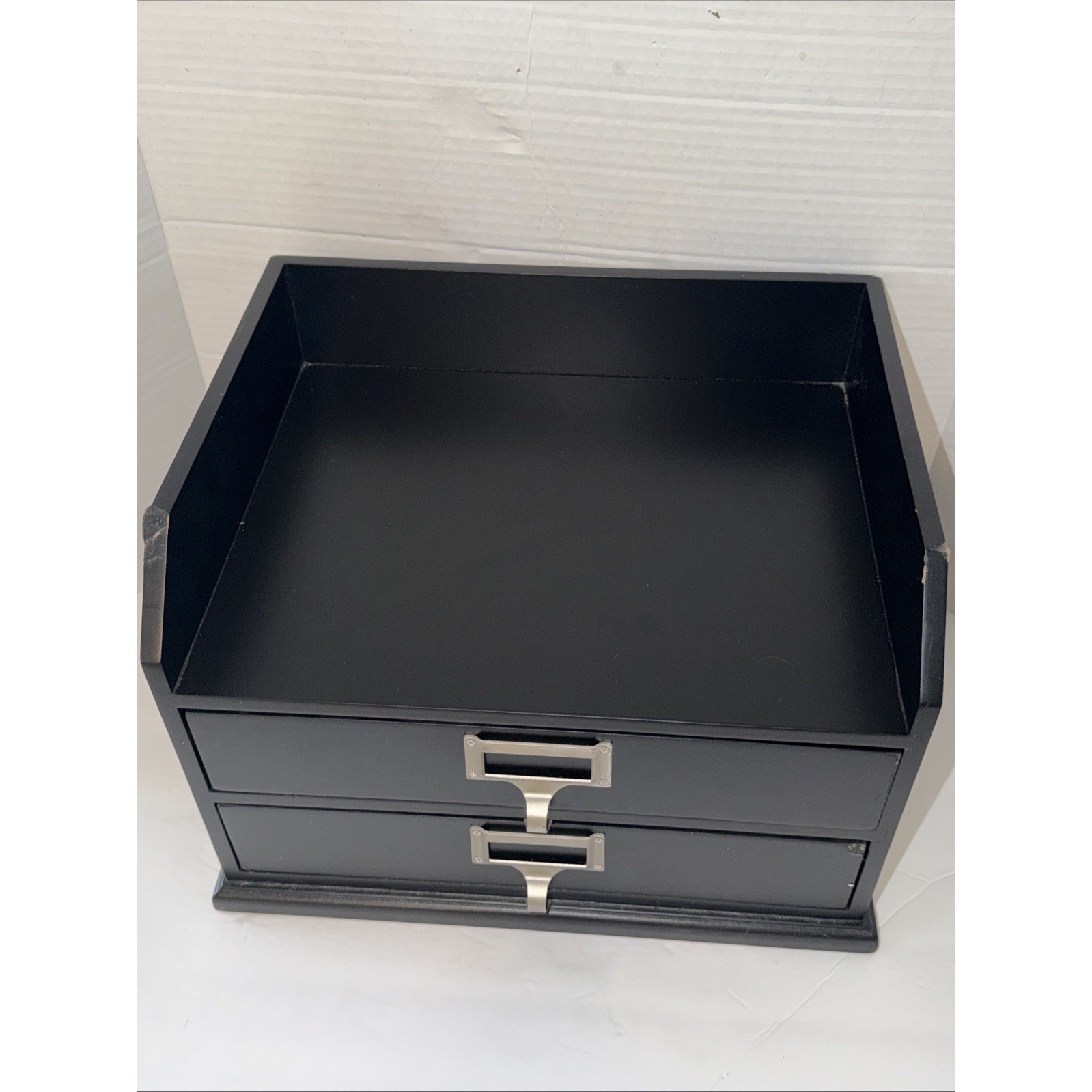 Pottery Barn Black Wood Desk Organizer 2 Drawer Apothecary Office Storage Box