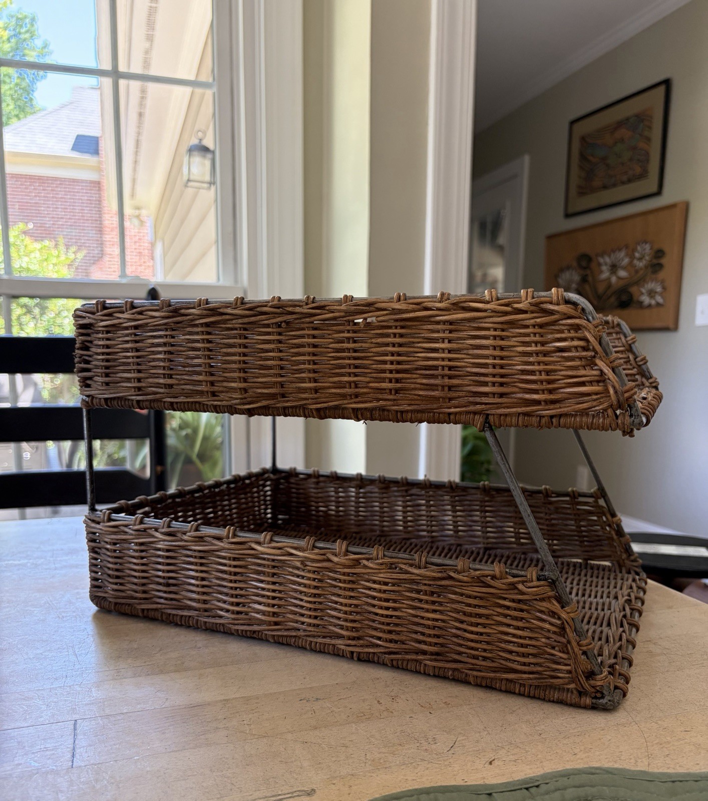 vintage wicker two-tier desk top organizer 14” x 10” EUC