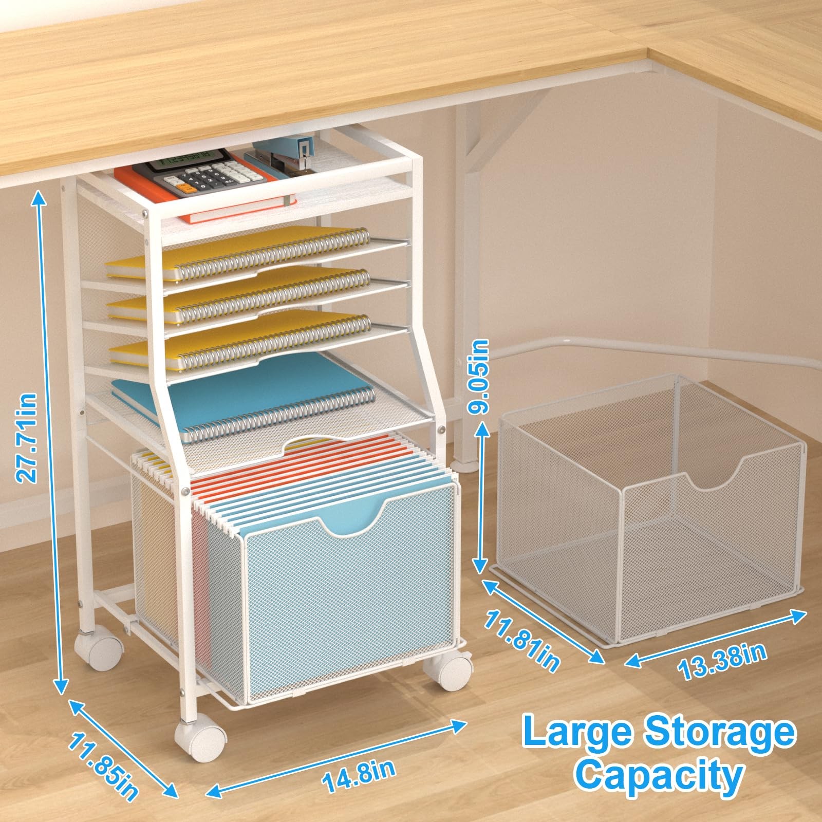 Rolling File Cart 6Tier Desk Organizer Lockable Wheels White Wood Planks
