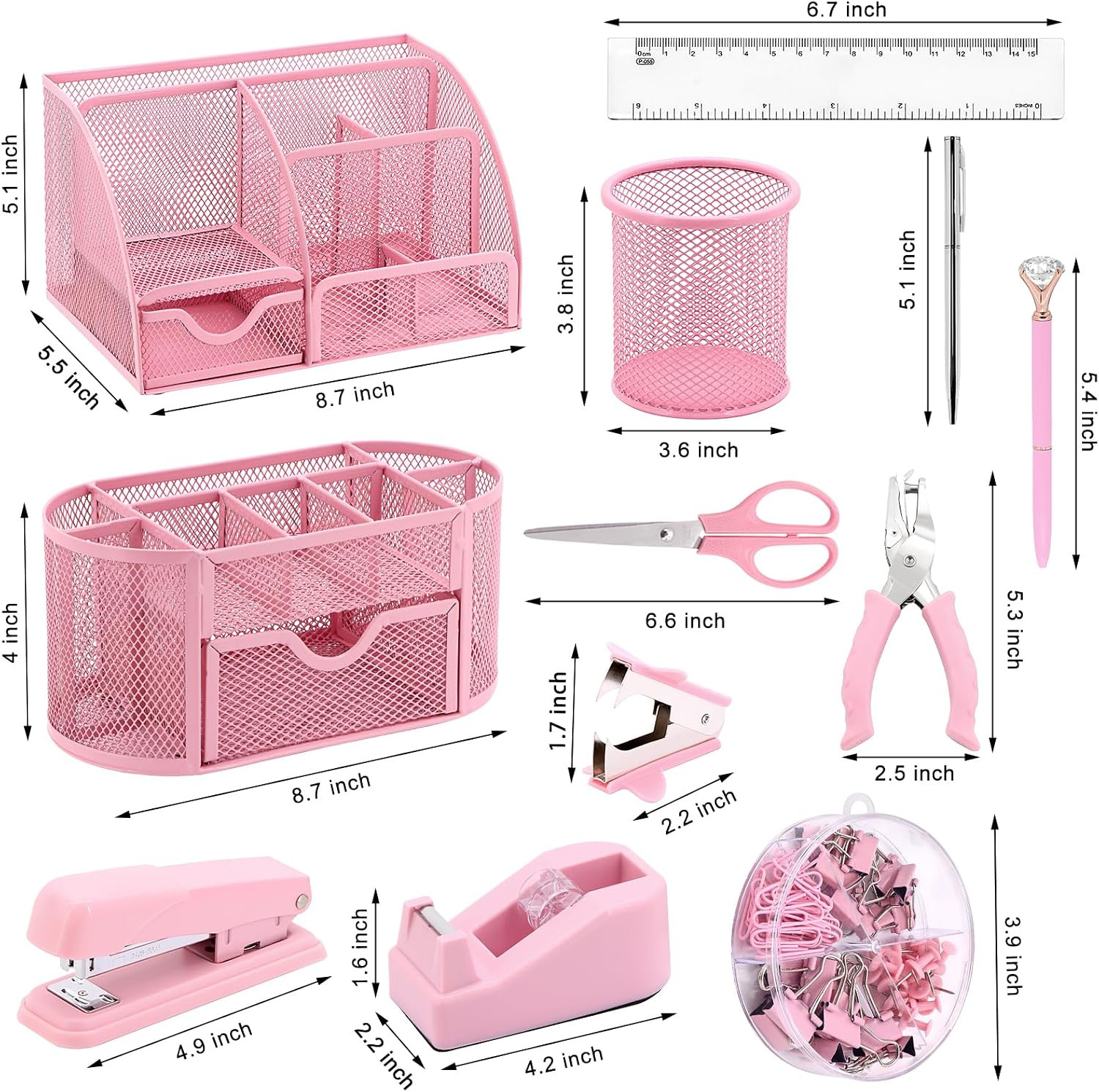 17 in 1 Pink Desk Organizers and Accessories Set, 3 Office Desk Supplies Storage