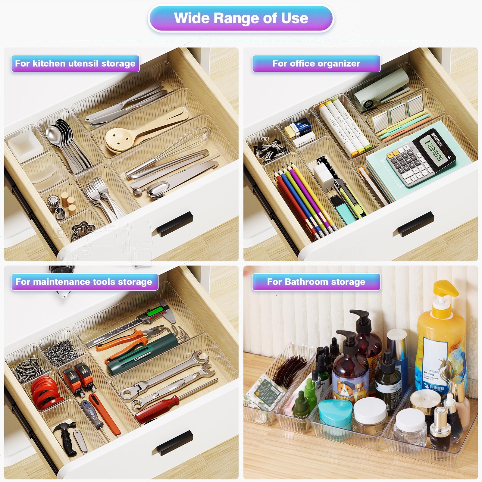 25PCS Clear Plastic Drawer Organizer Set 4 Size Makeup Storage Trays
