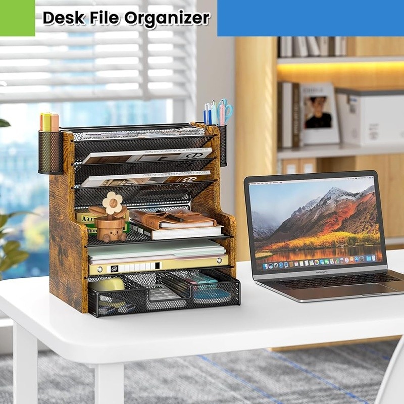 Versatile Desk Organizer W/ 5-Tier Paper Trays & Smooth-Gliding Drawer New