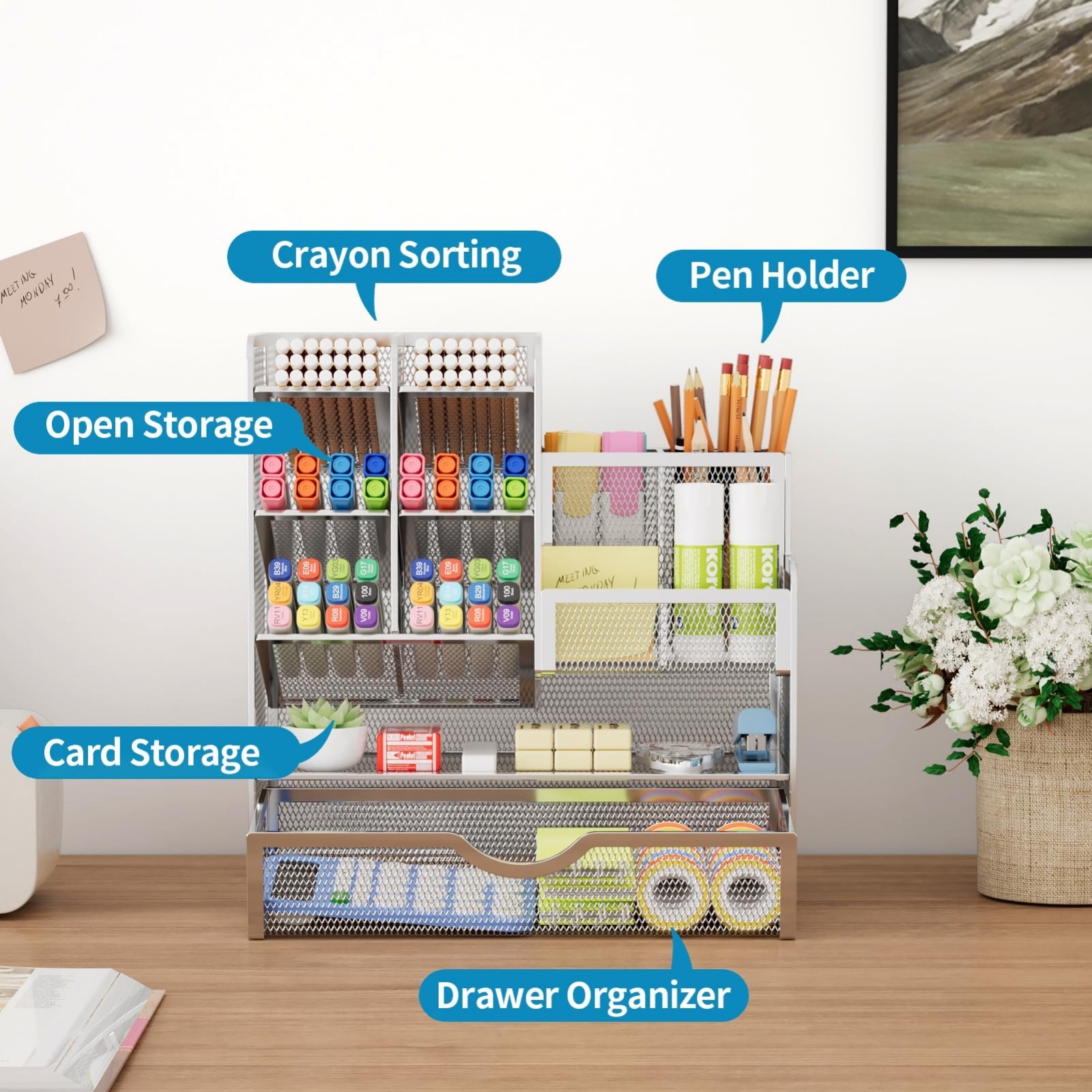 Multi-Functional Mesh Pen Holder with Drawer, Desk Organizer for Office Supplies