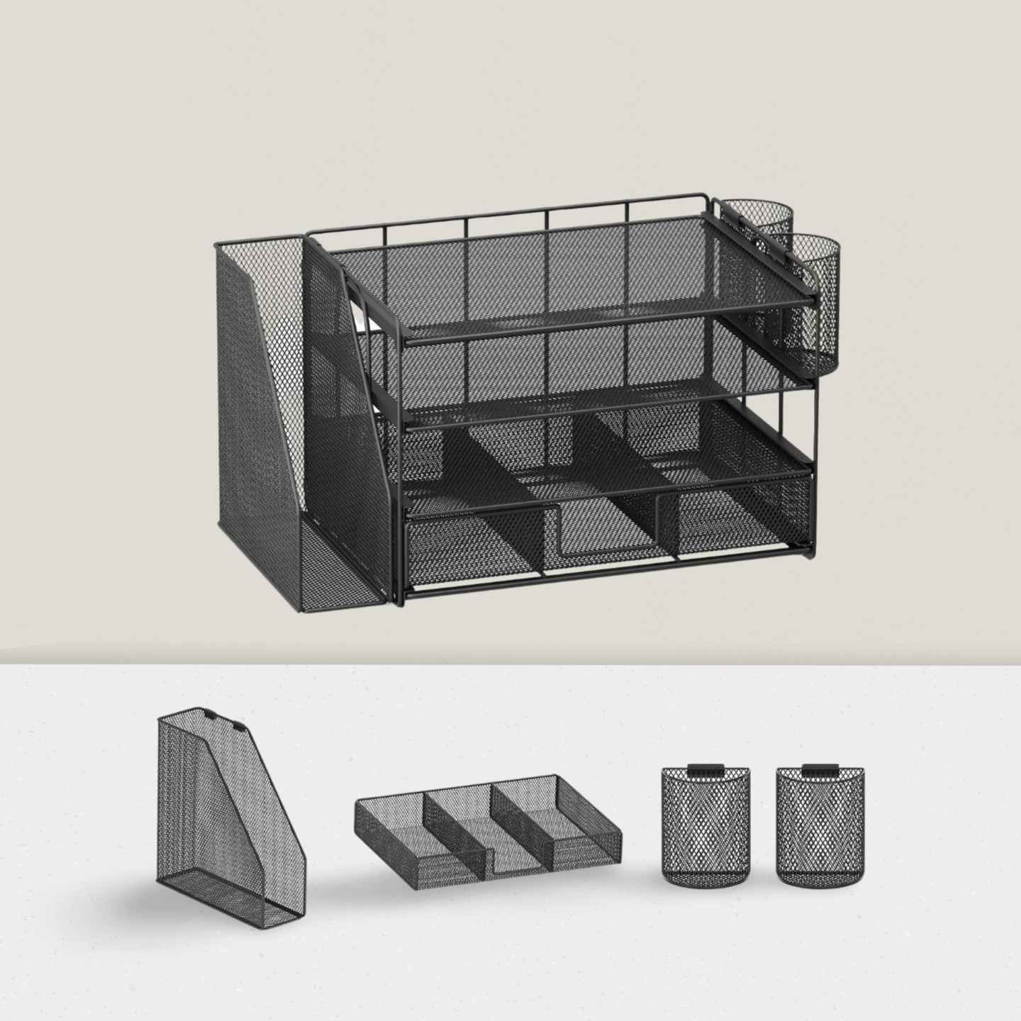 Desk Organizers 4-Tier Paper Organizer with File Holder and 2 Pen Holders Black