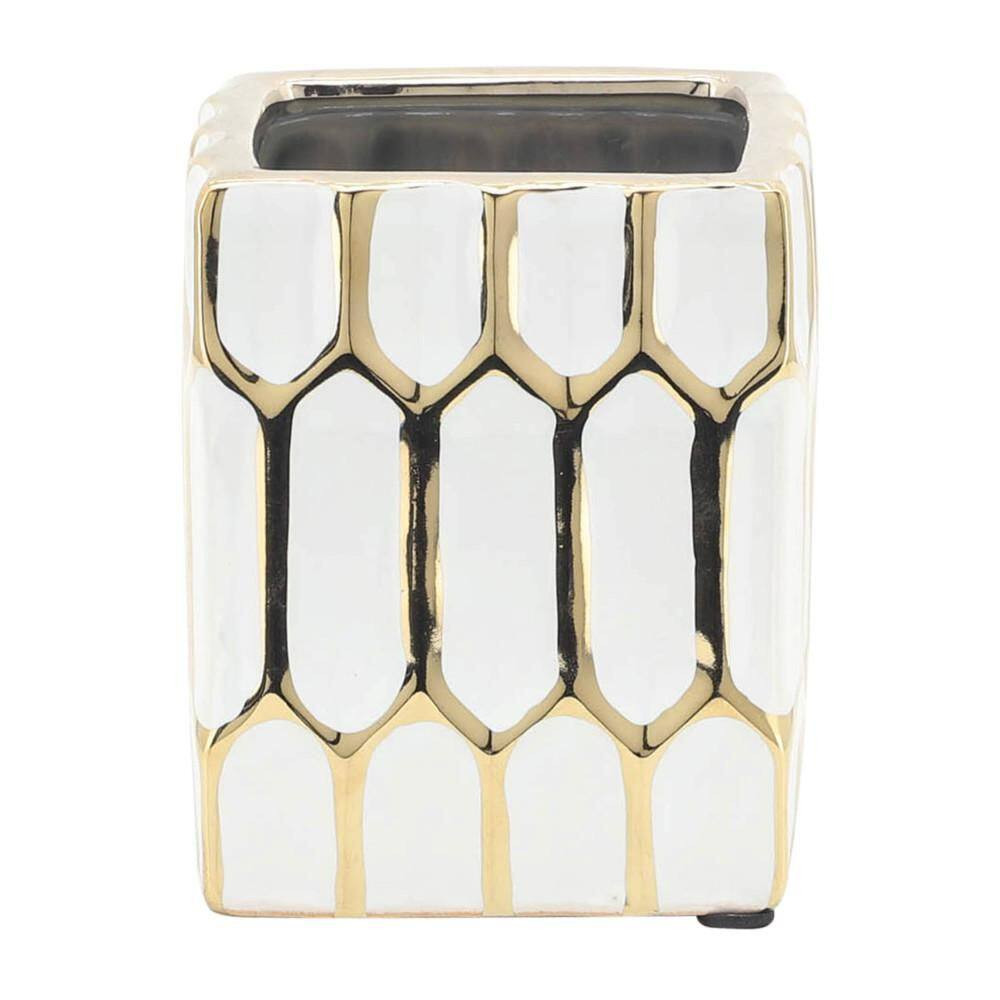 White Gold 3 In. X 4 In. Ceramic Square Pen Holder Desk Accessories with Dynasty
