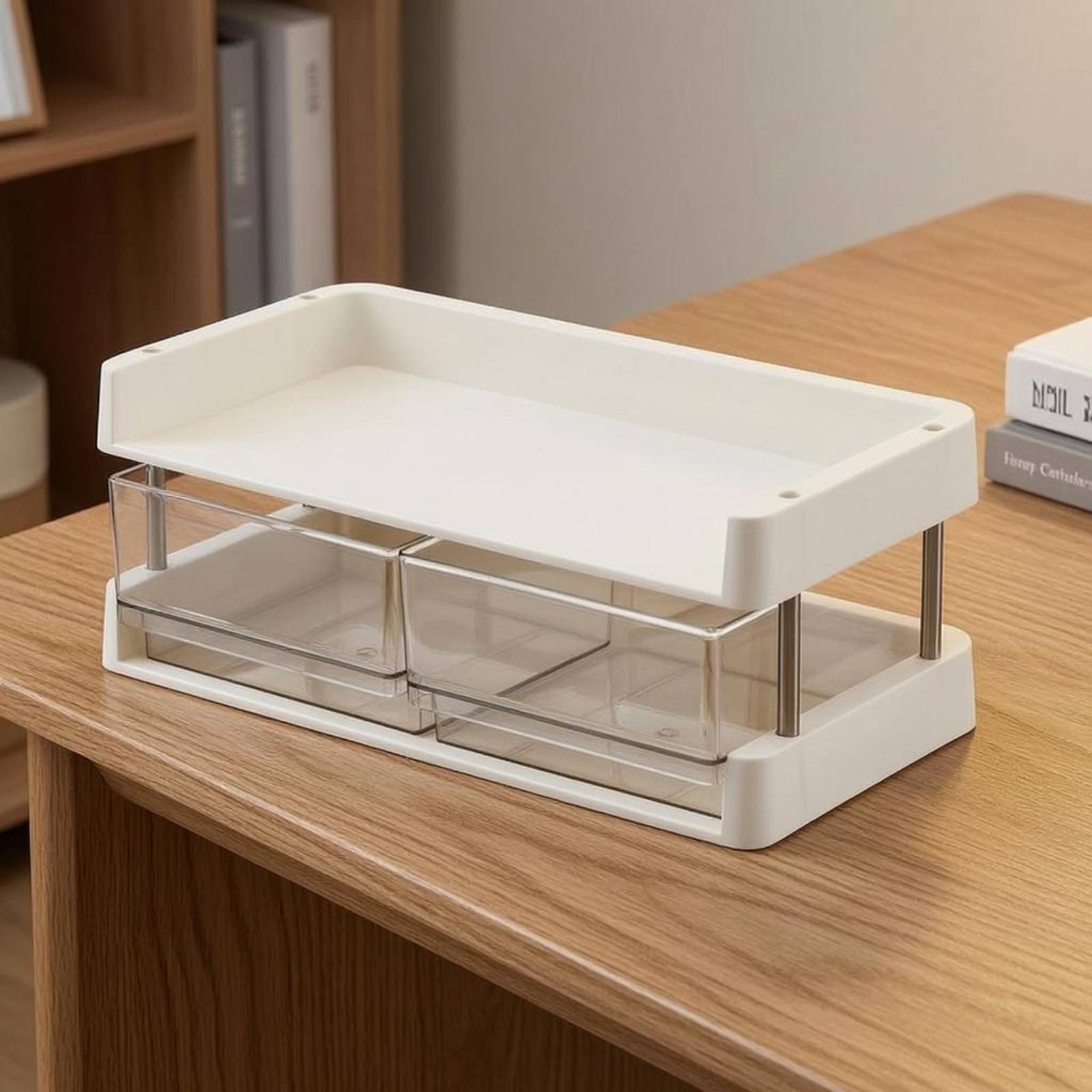 Desktop Storage Rack Transparent Compartments Layered Shelf Organizer Metal