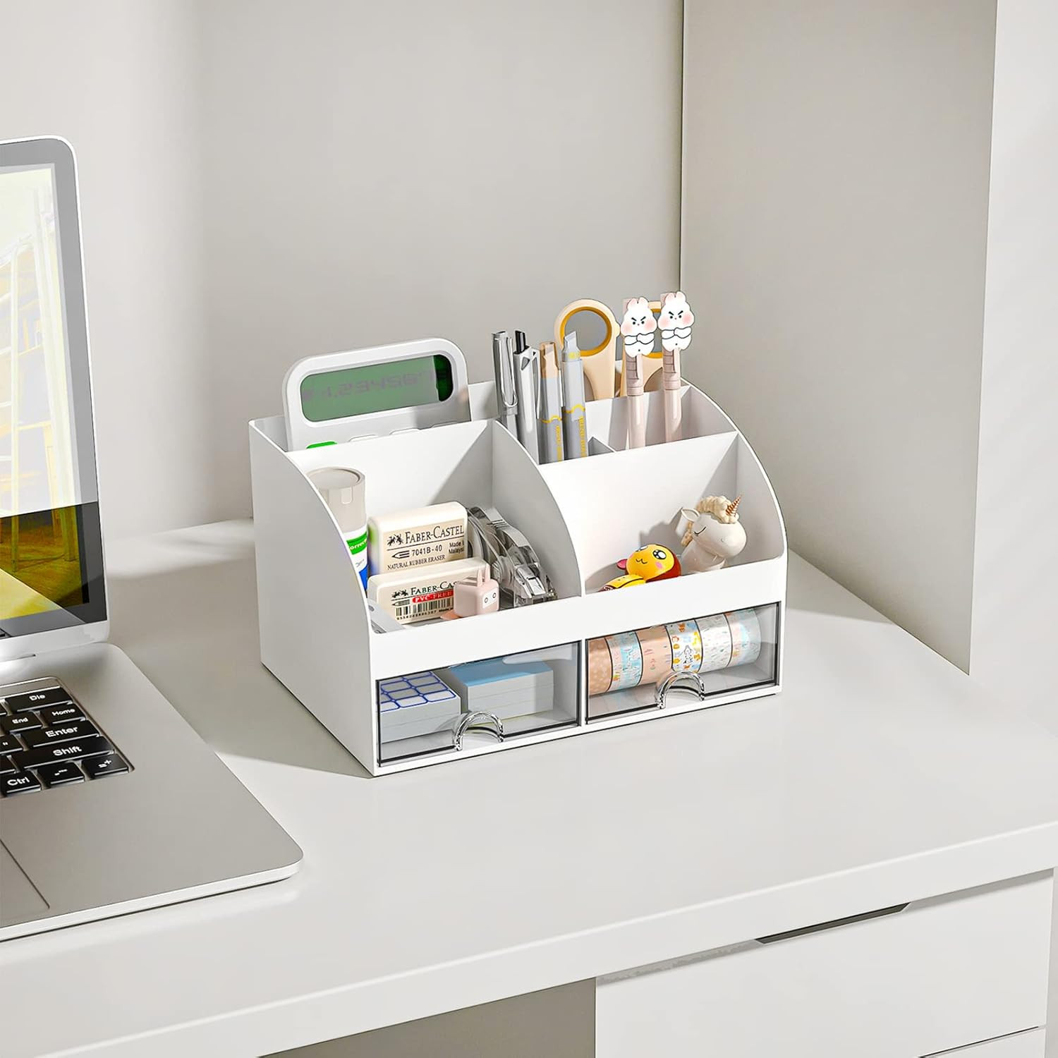 Desk Organizer with Drawers 6 Compartments Pen Holder Makeup Storage White