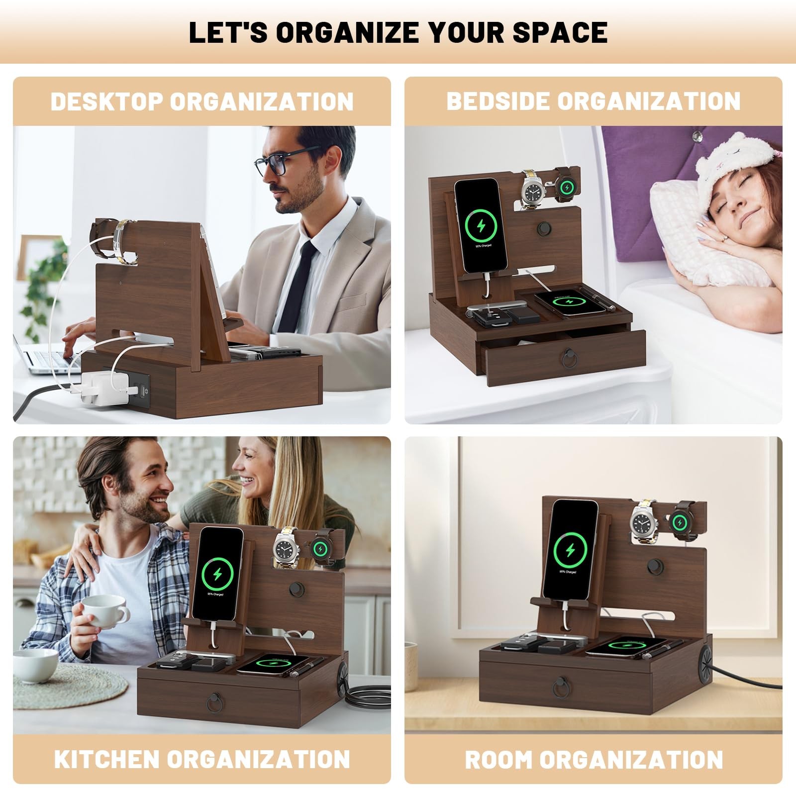 Wood Phone Docking Station with USB With charging station, Elegant Walnut