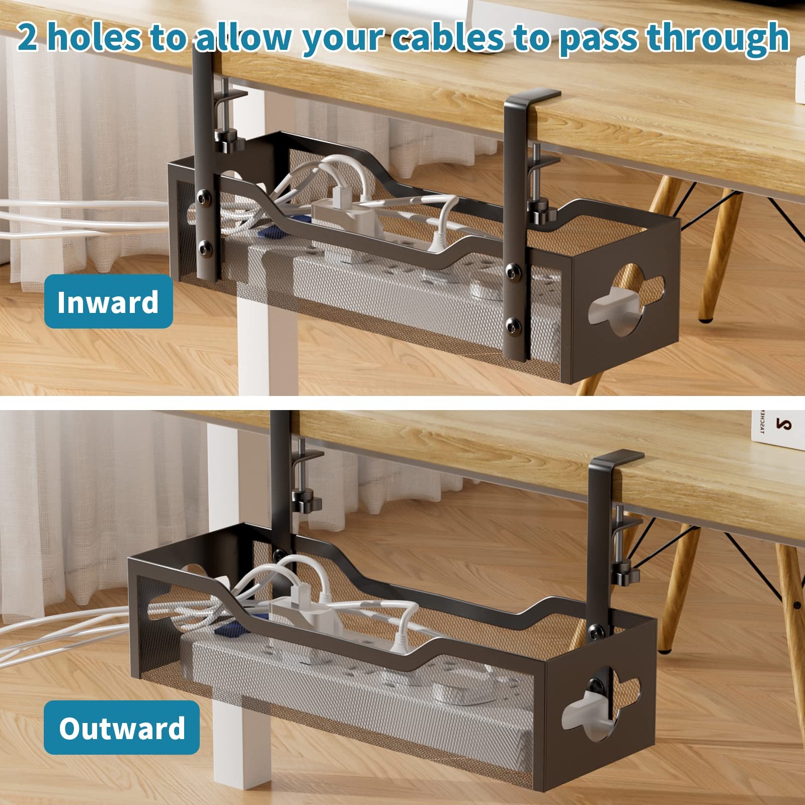 Under Desk Cable Management Tray No Drill, Metal Mesh 13.38″, Black