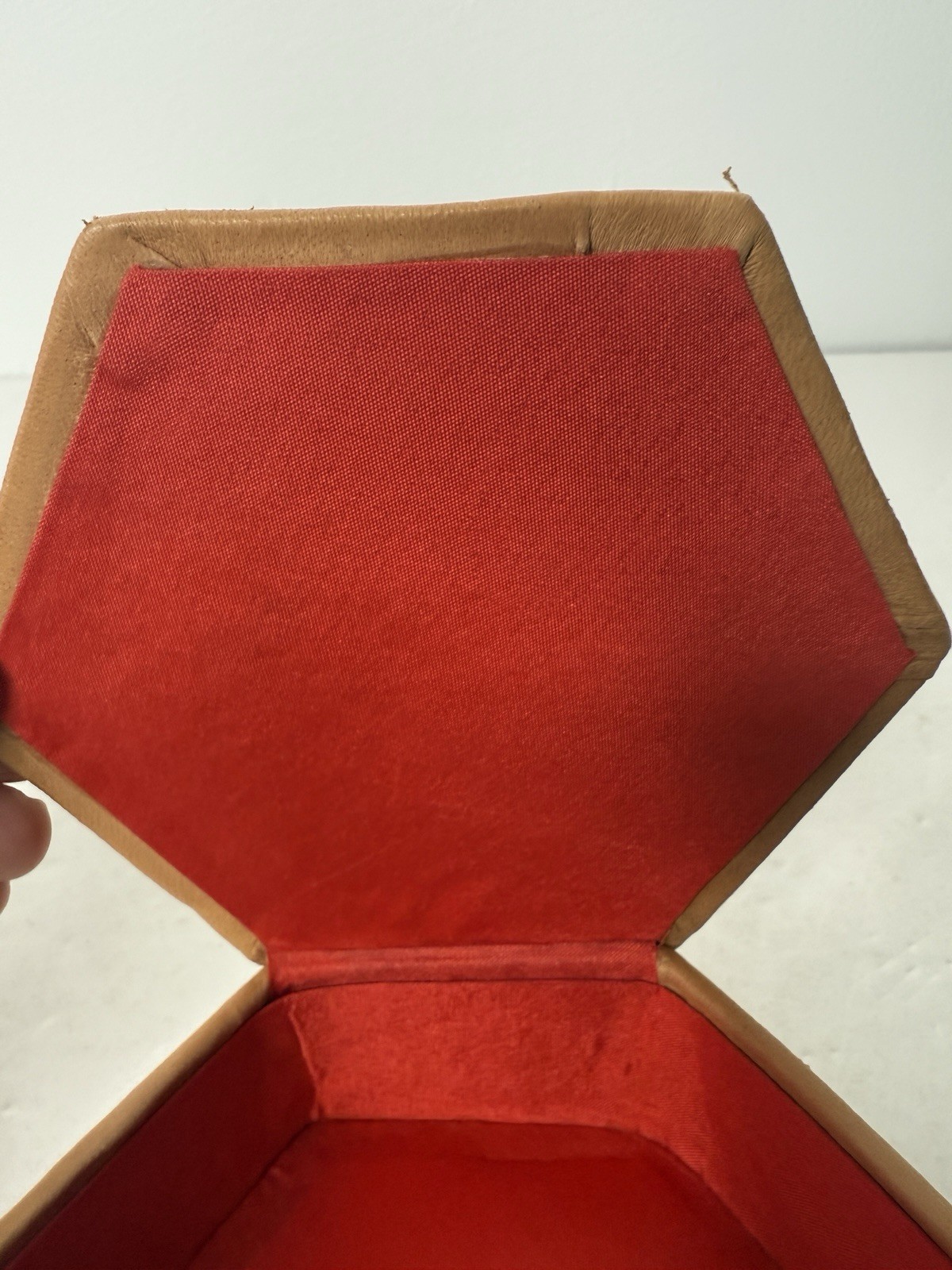 Vintage Faux Leather Hexagon Storage Jewelry Box Red Felt Texas Coyote Handmade
